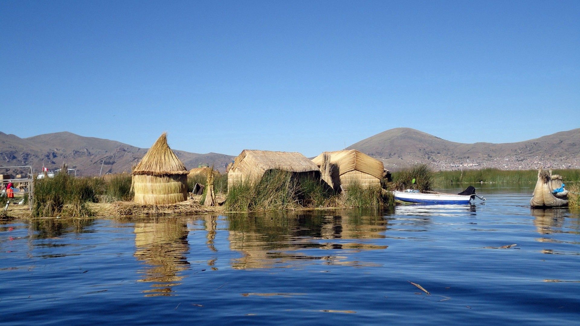 nature, grass, sky, boats, lake titicaca