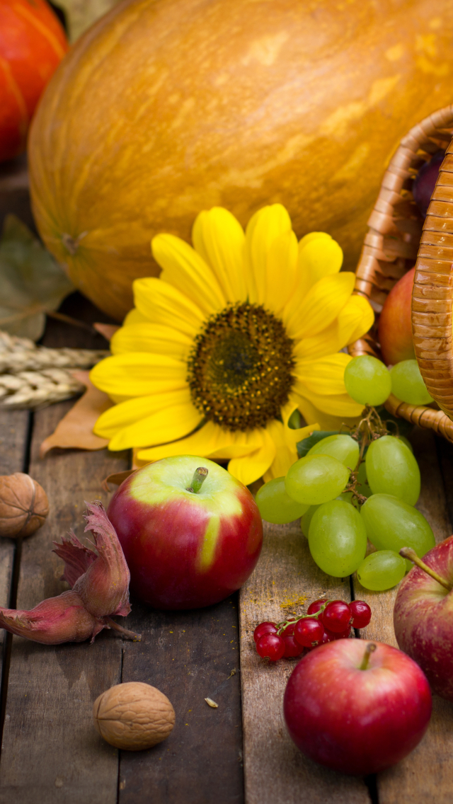 Mobile wallpaper food, still life, pear, fall, sunflower, harvest, apple, grapes