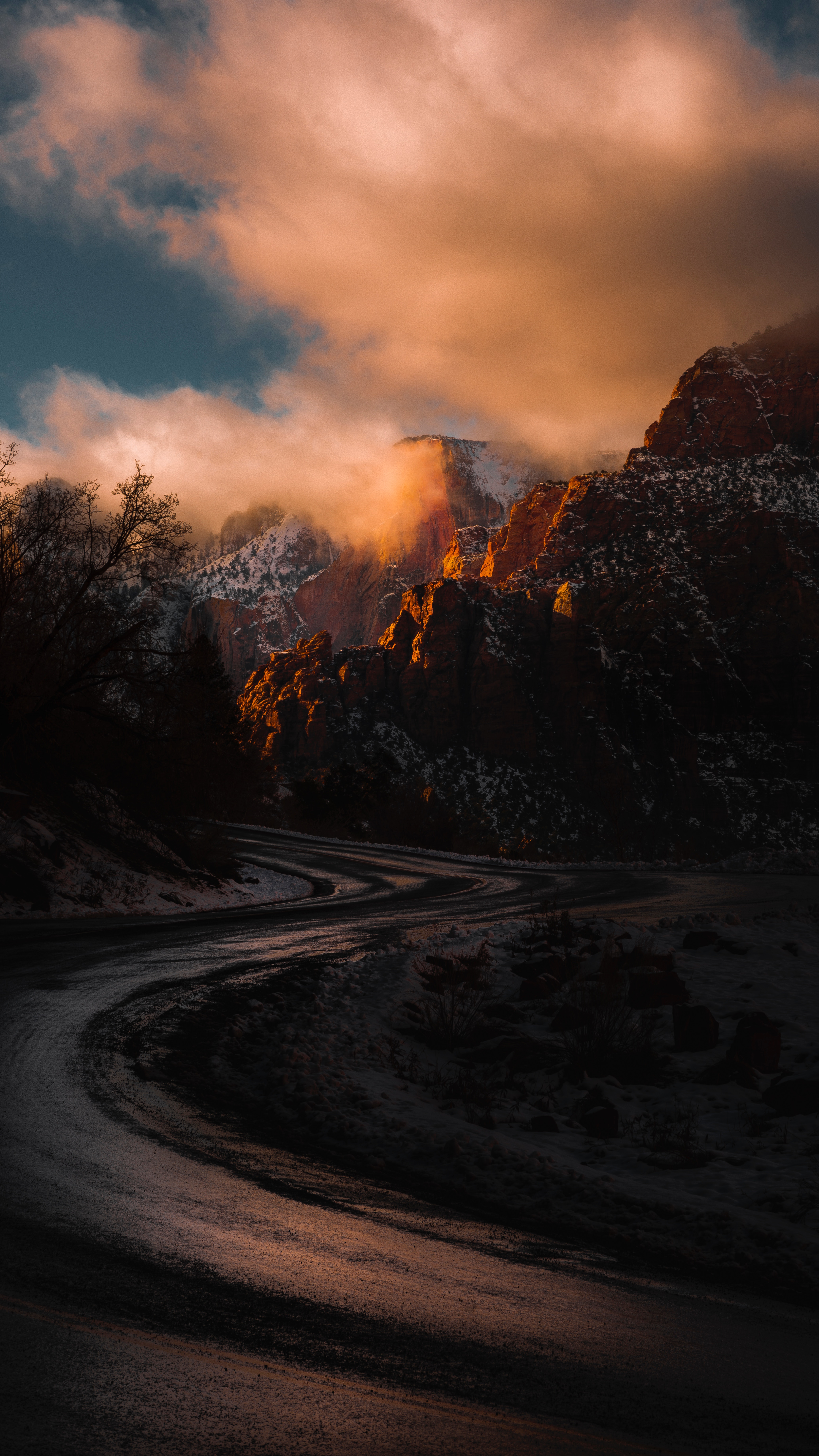 sunset, nature, turn, mountains, usa, road, zion national park, national park of the city, united states phone wallpaper