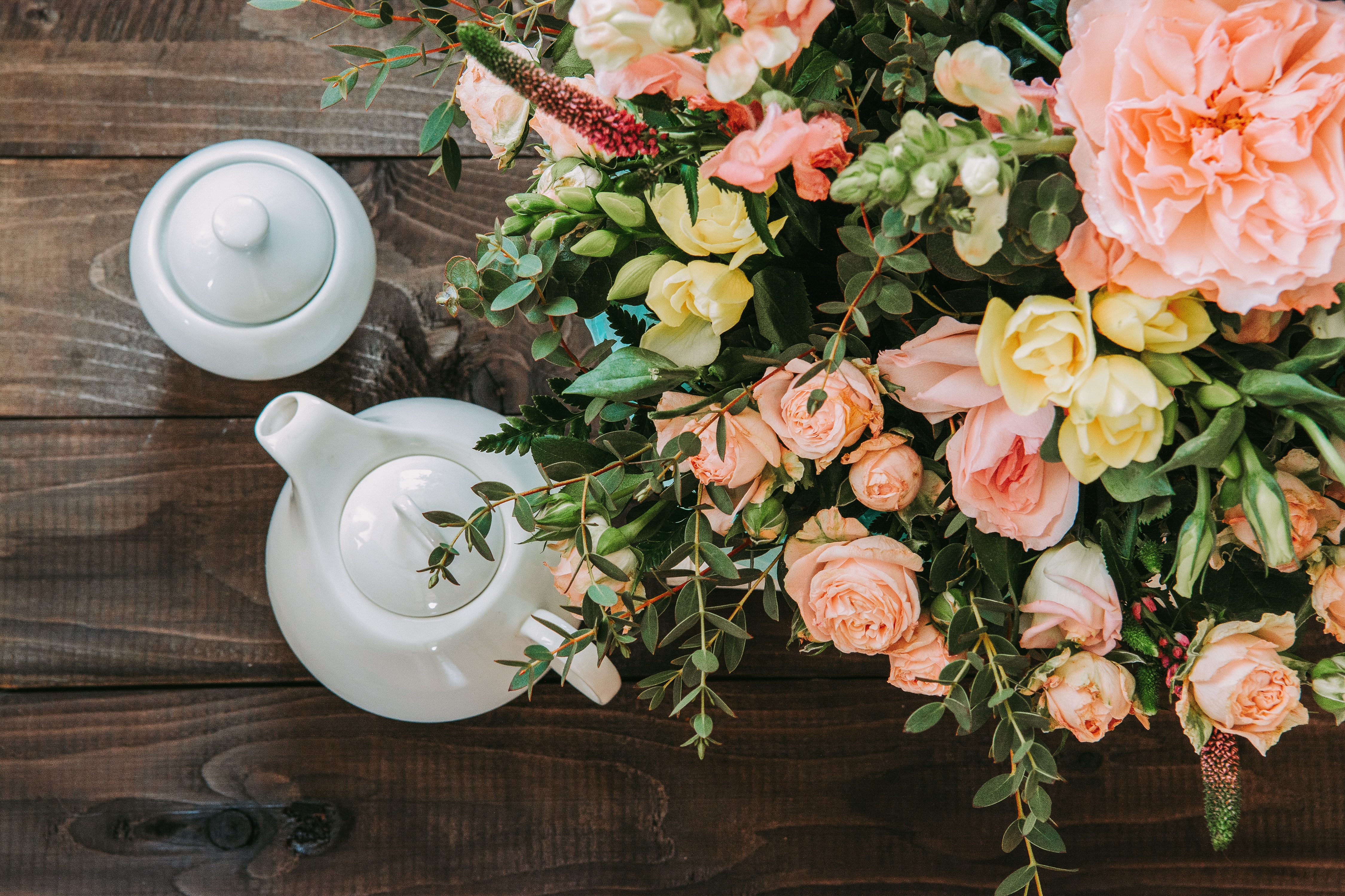 food, bouquet, teapot, kettle, tea drinking, tea party 4K, Ultra HD