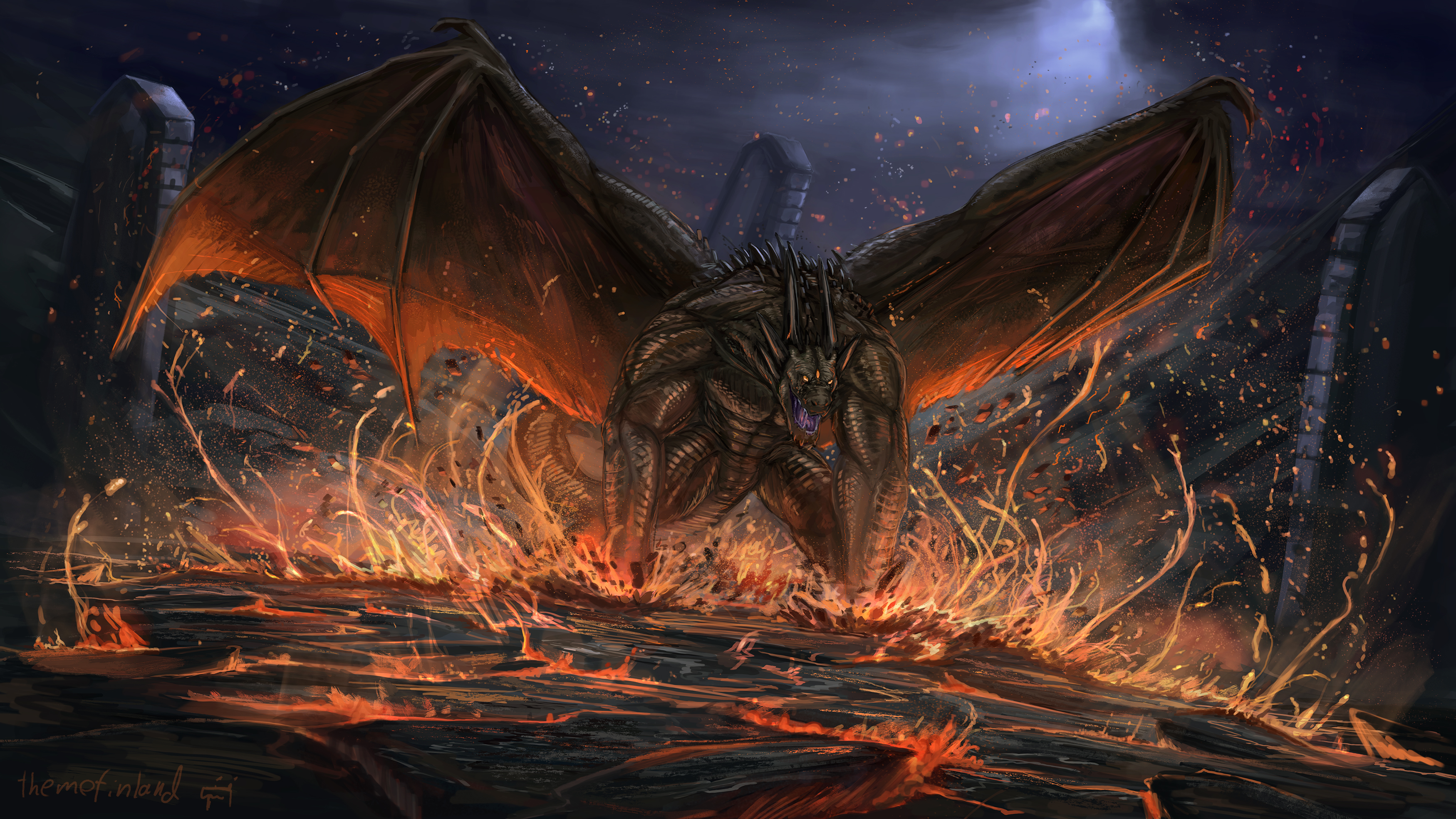 Download mobile wallpaper Dark, Wings, Creature, Lava, Demon for free.
