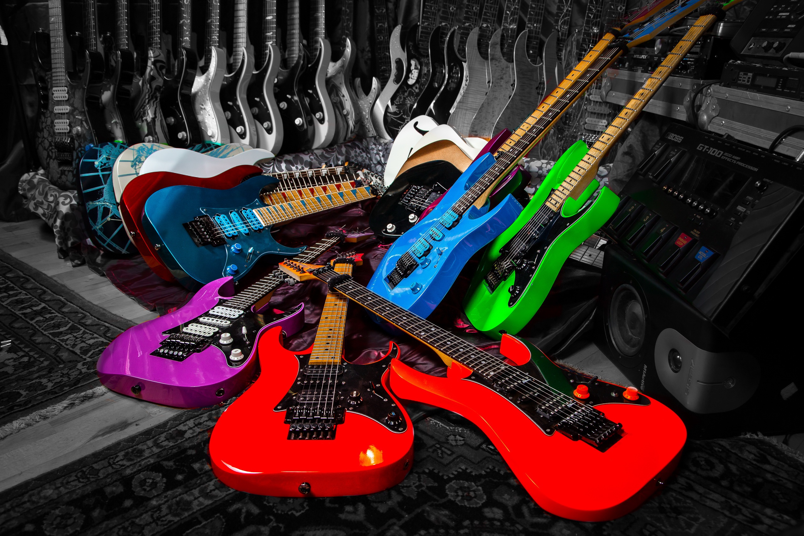 music, guitar, instrument, selective color