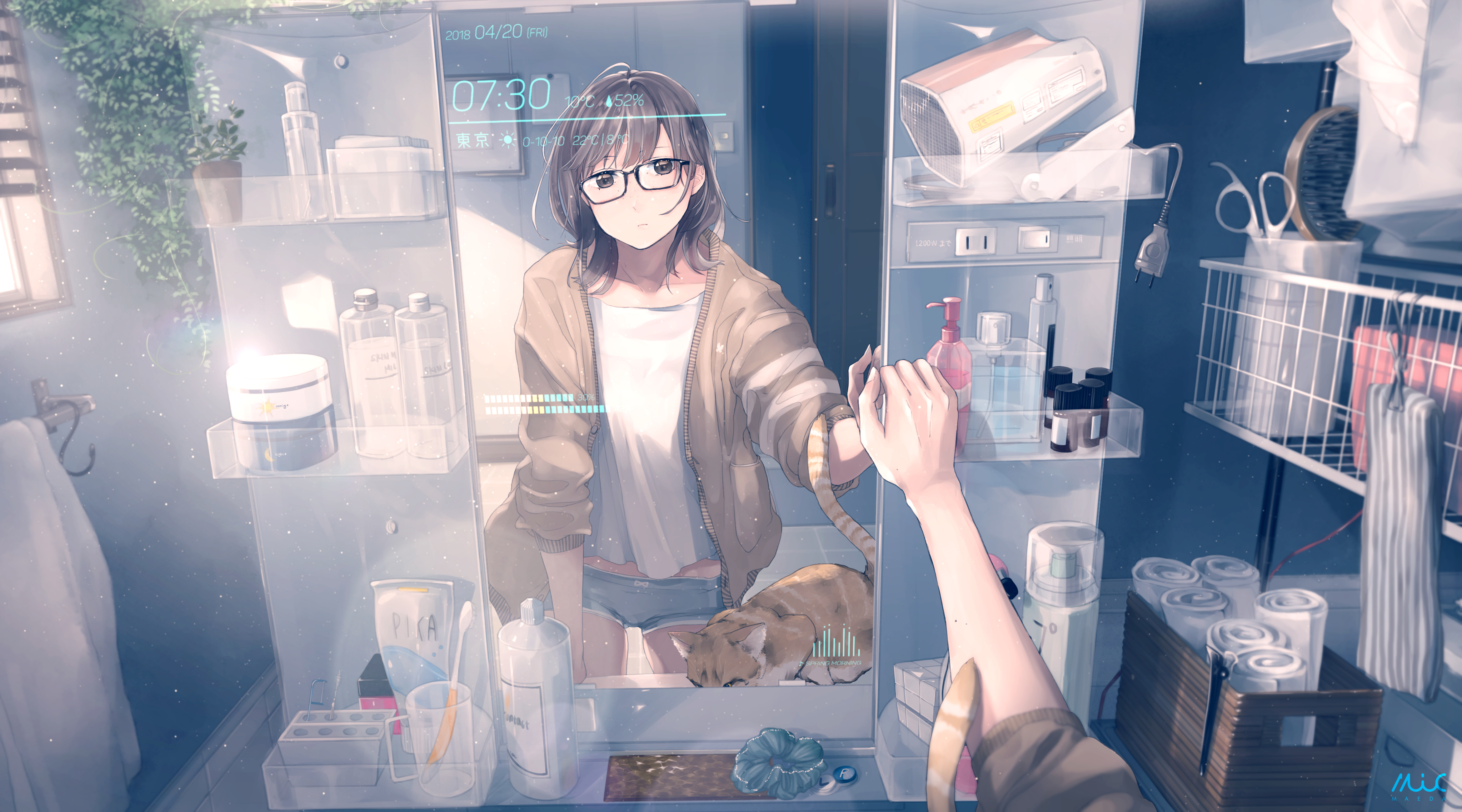 cat, anime, original, bathroom, brown eyes, brown hair, glasses, mirror, short hair, toothbrush Full HD