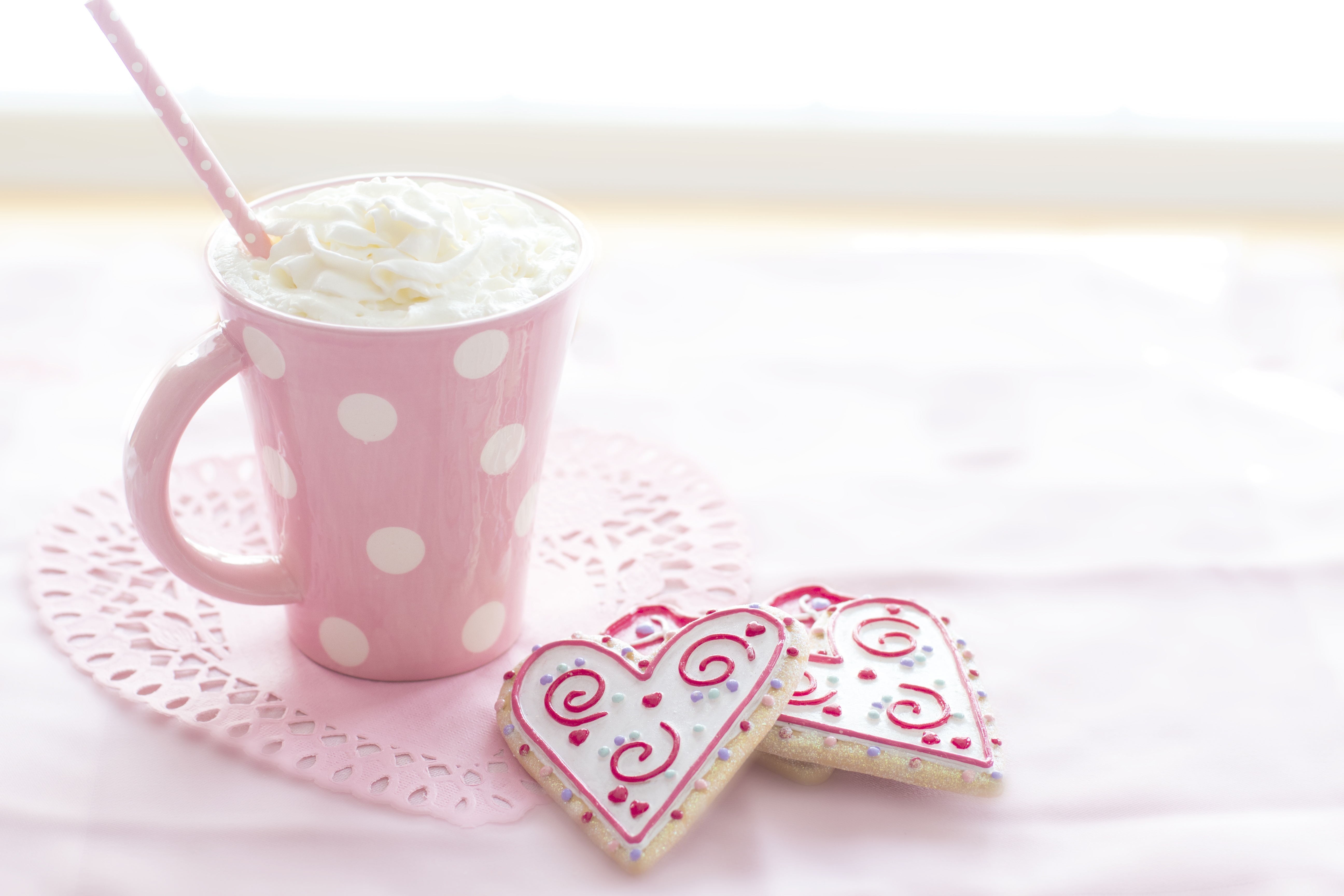 hot chocolate, food, cookie, cream, drink, heart shaped, pink