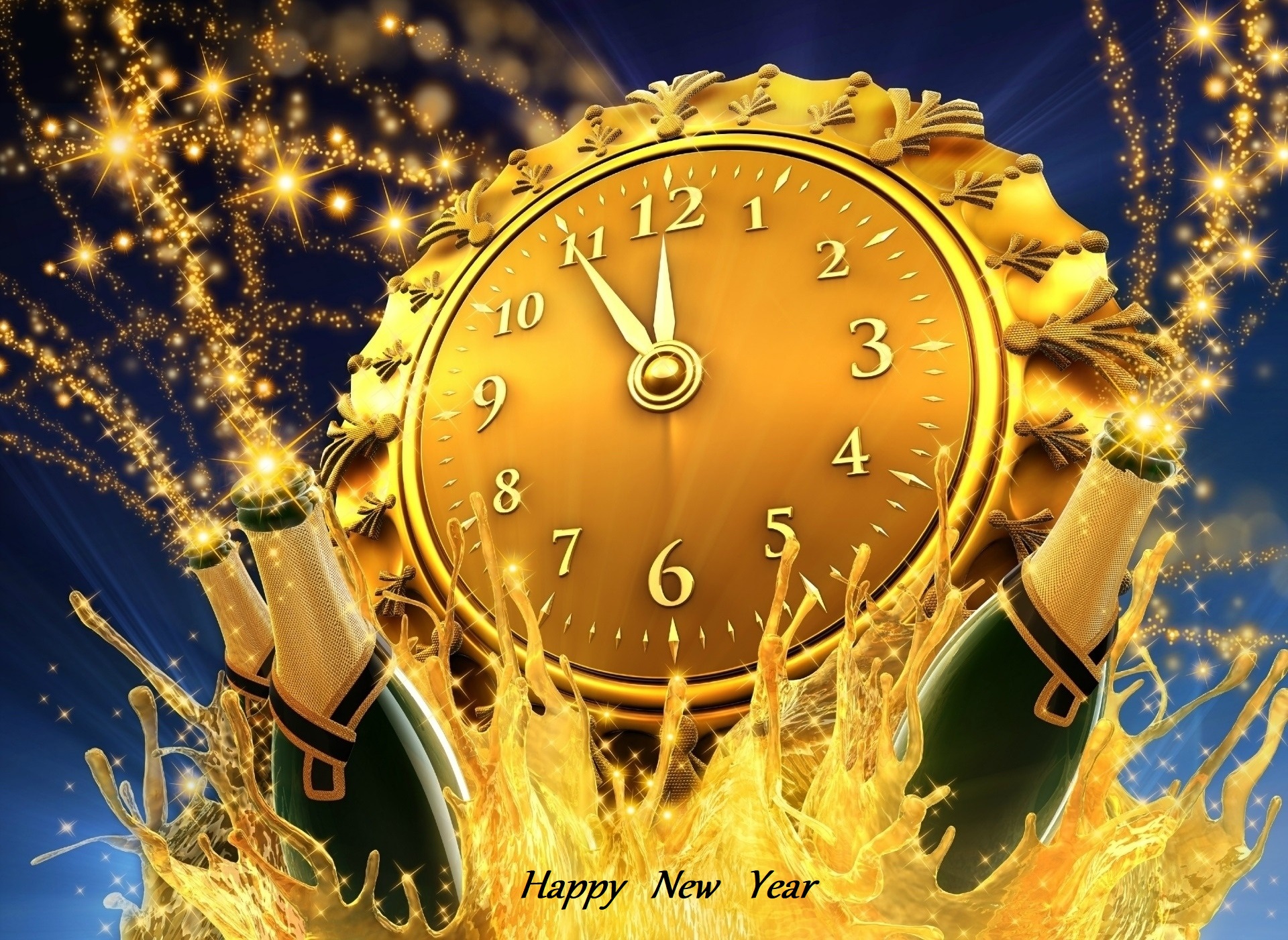 happy new year, holiday, new year, champagne, clock, golden