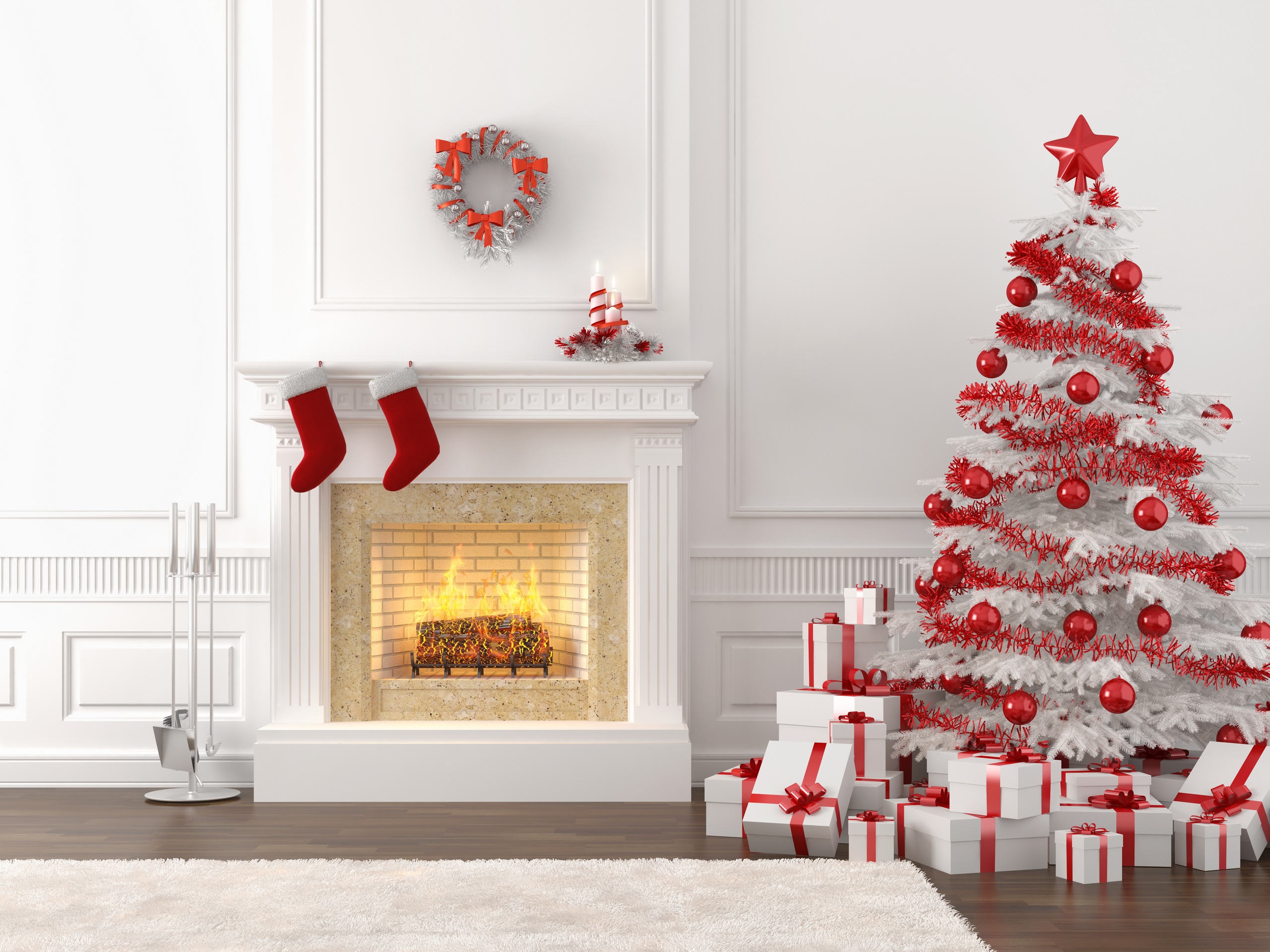 fireplace, christmas, holiday, christmas ornaments, christmas tree, gift