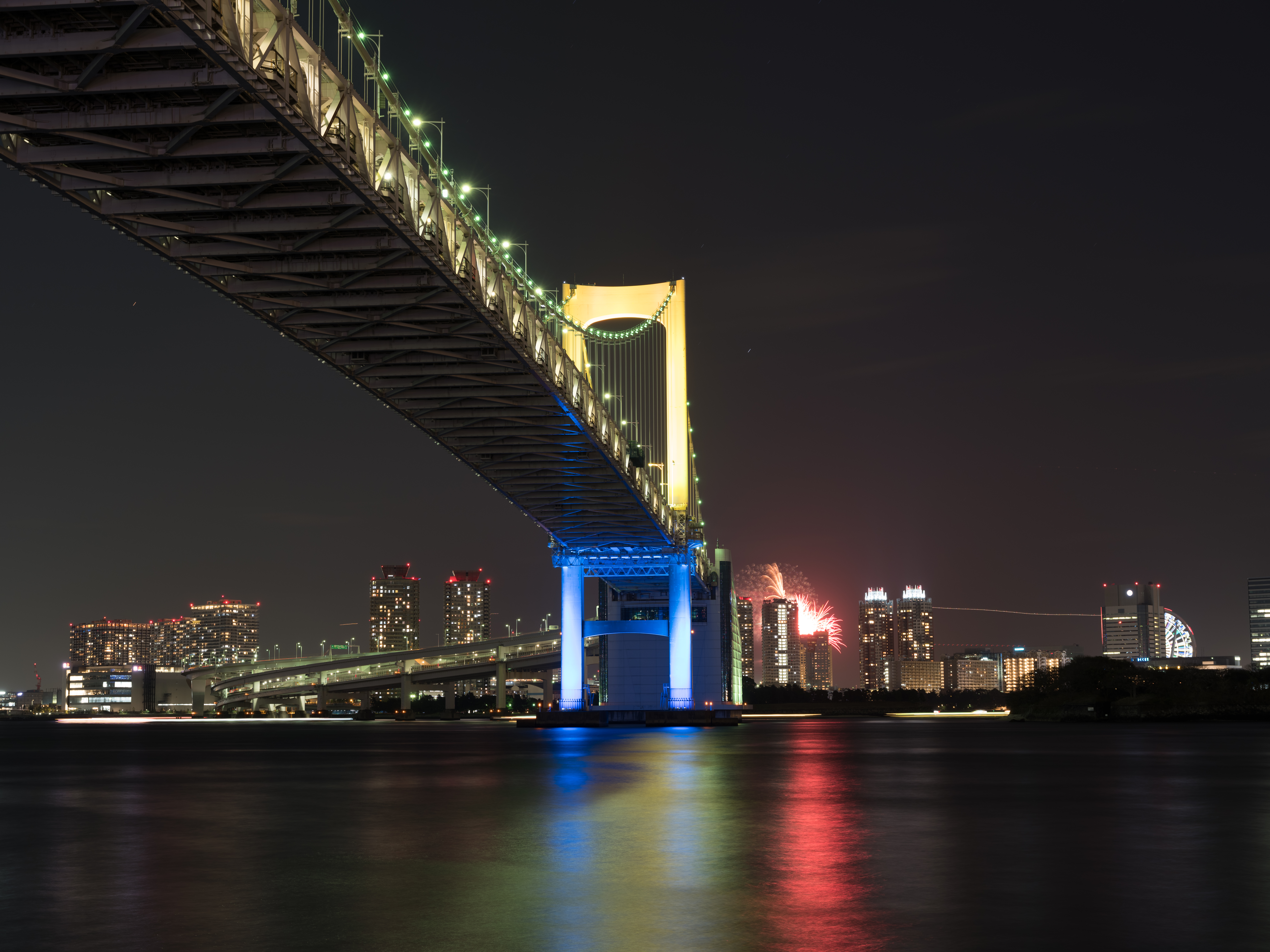 Laden Sie das Night City, Mündung, Die Bucht, Städte, Nächtliche Stadt, Brücke, Tokio, Tokyo, Japan-Bild kostenlos auf Ihren PC-Desktop herunter