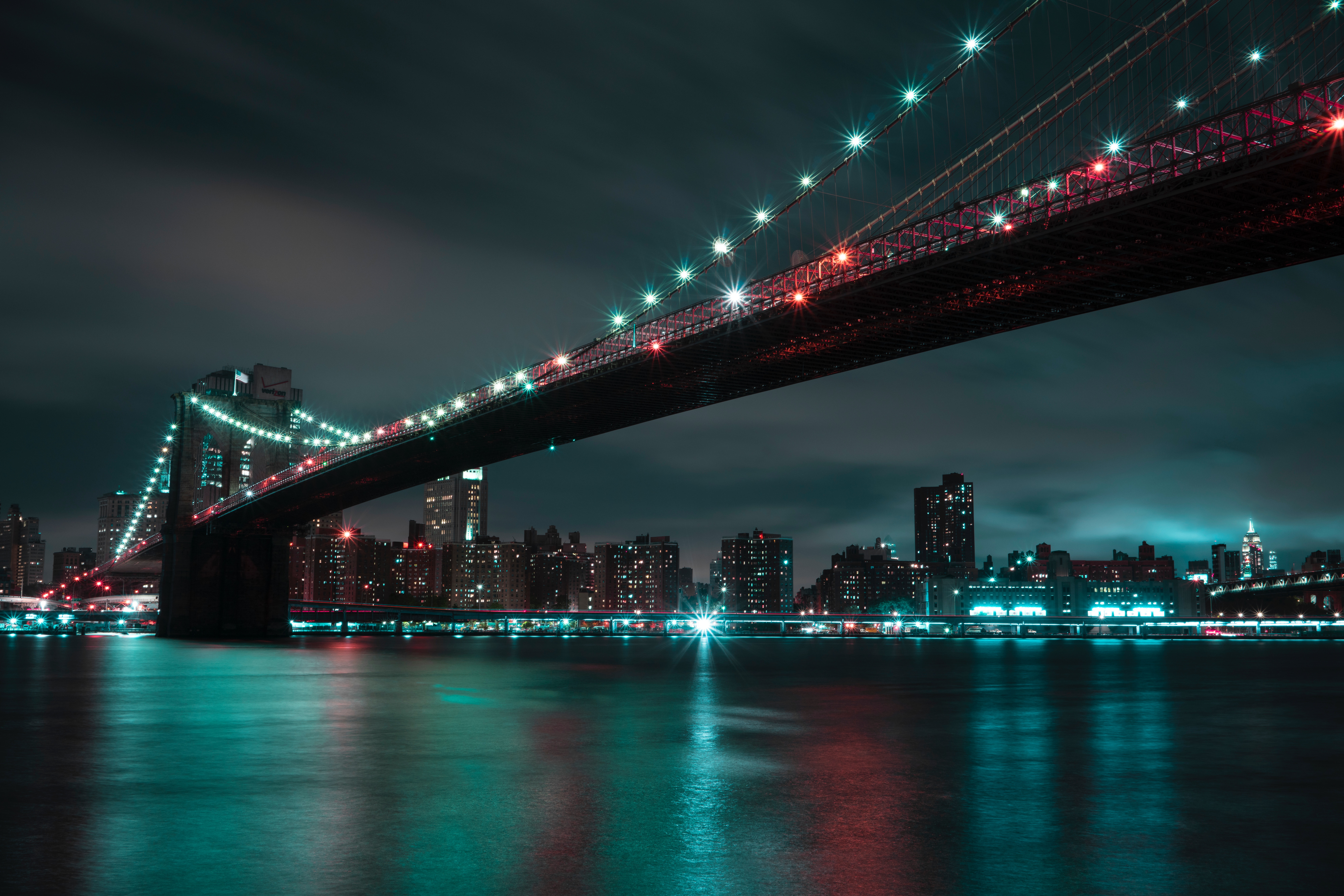 免费下载城市, 夜城, 城市的灯光, 城市之光, 桥, 背光, 布鲁克林, 美国手机壁纸。