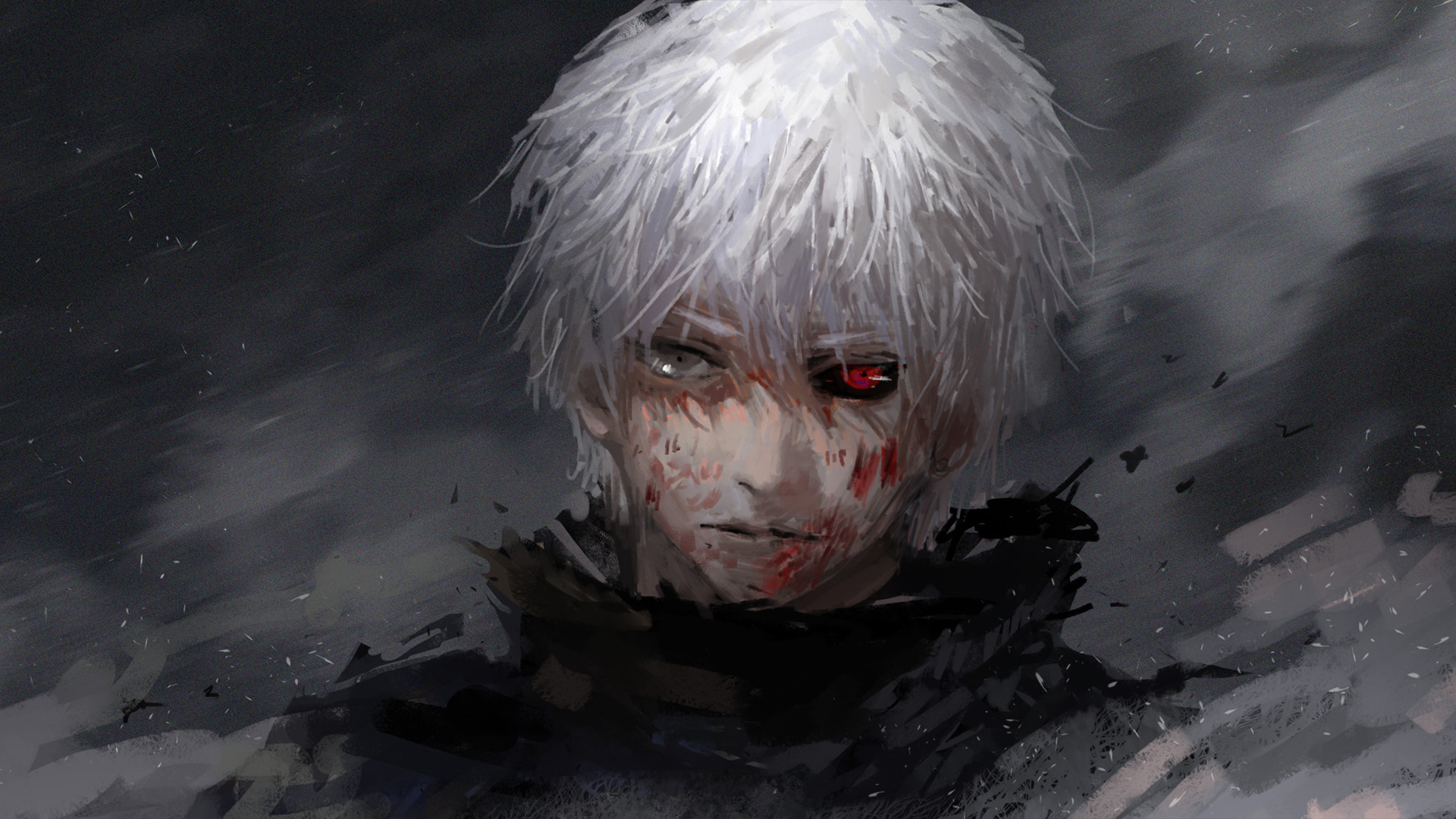 anime, tokyo ghoul, red eyes, white hair, blood, ken kaneki, grey eyes, heterochromia, wound HD wallpaper