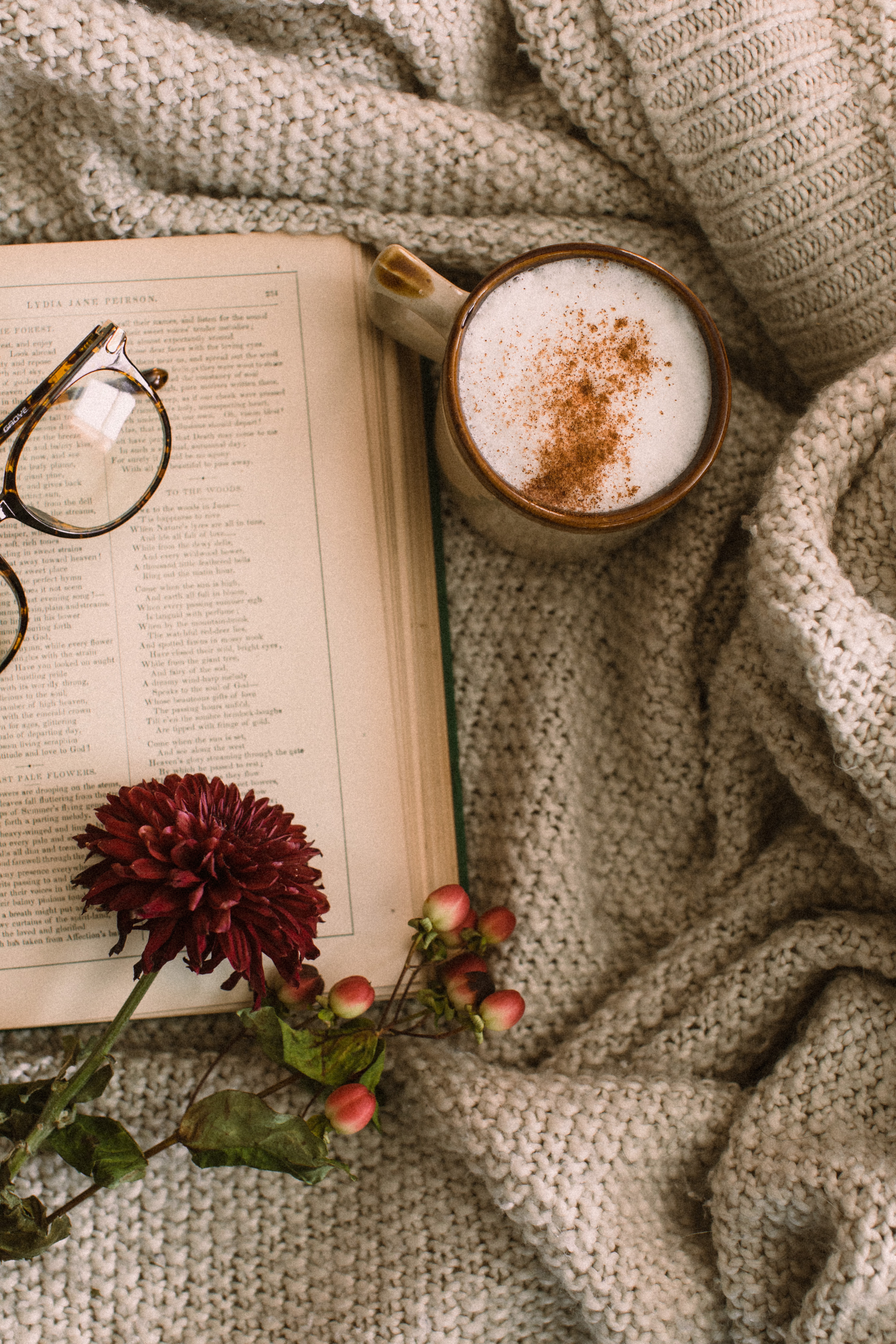 cup, food, book, spectacles, flowers, coffee, cappuccino, glasses, mug 2160p