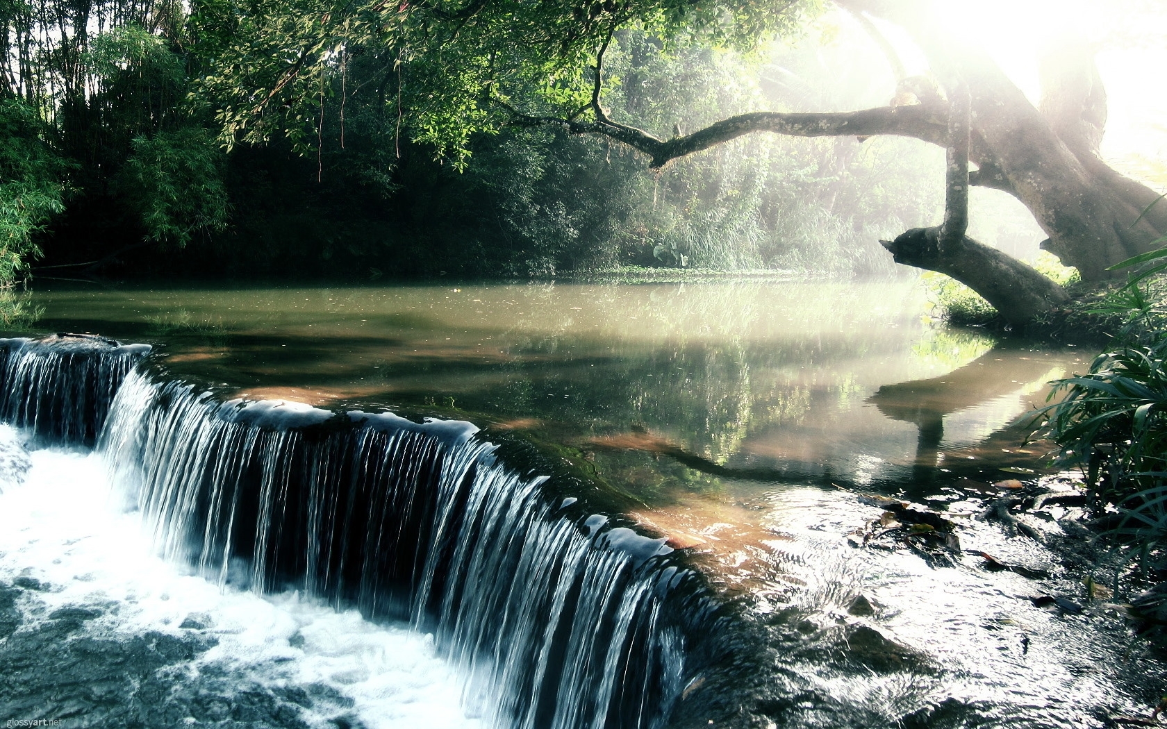 Download mobile wallpaper Rivers, Landscape, Trees, Waterfalls for free.