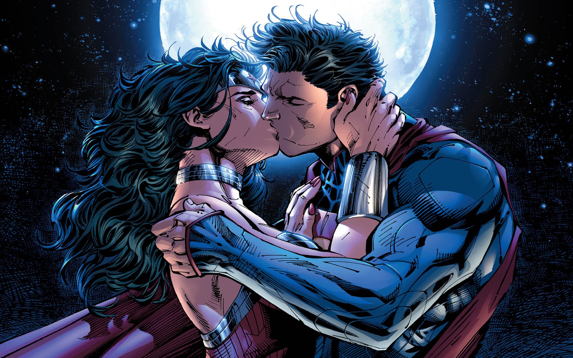 comics, justice league of america, bracelet, collar, kiss, moon, night, stars, superman, wonder woman, justice league