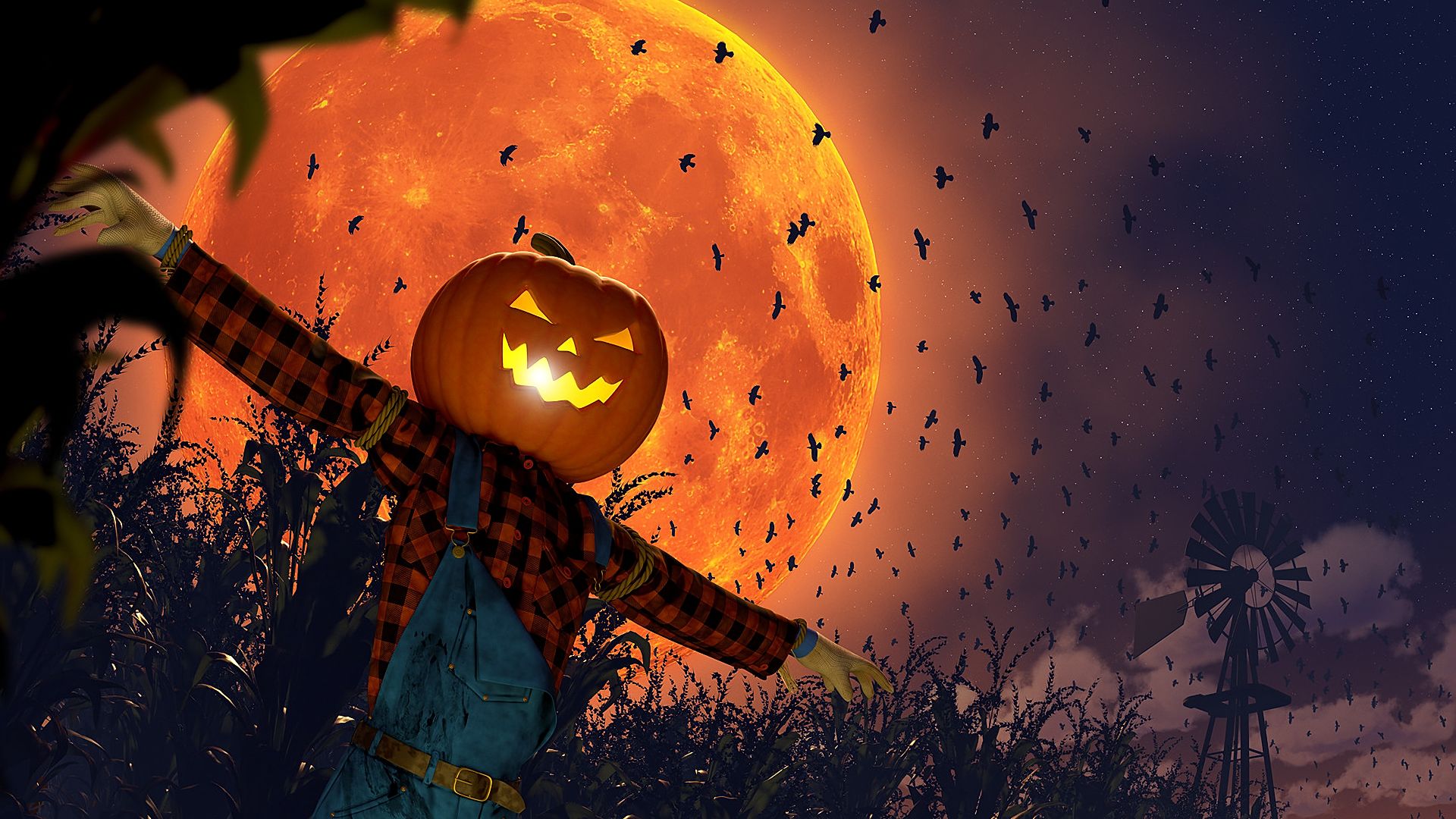 Download mobile wallpaper Halloween, Moon, Holiday, Bat, Scarecrow, Jack O' Lantern for free.