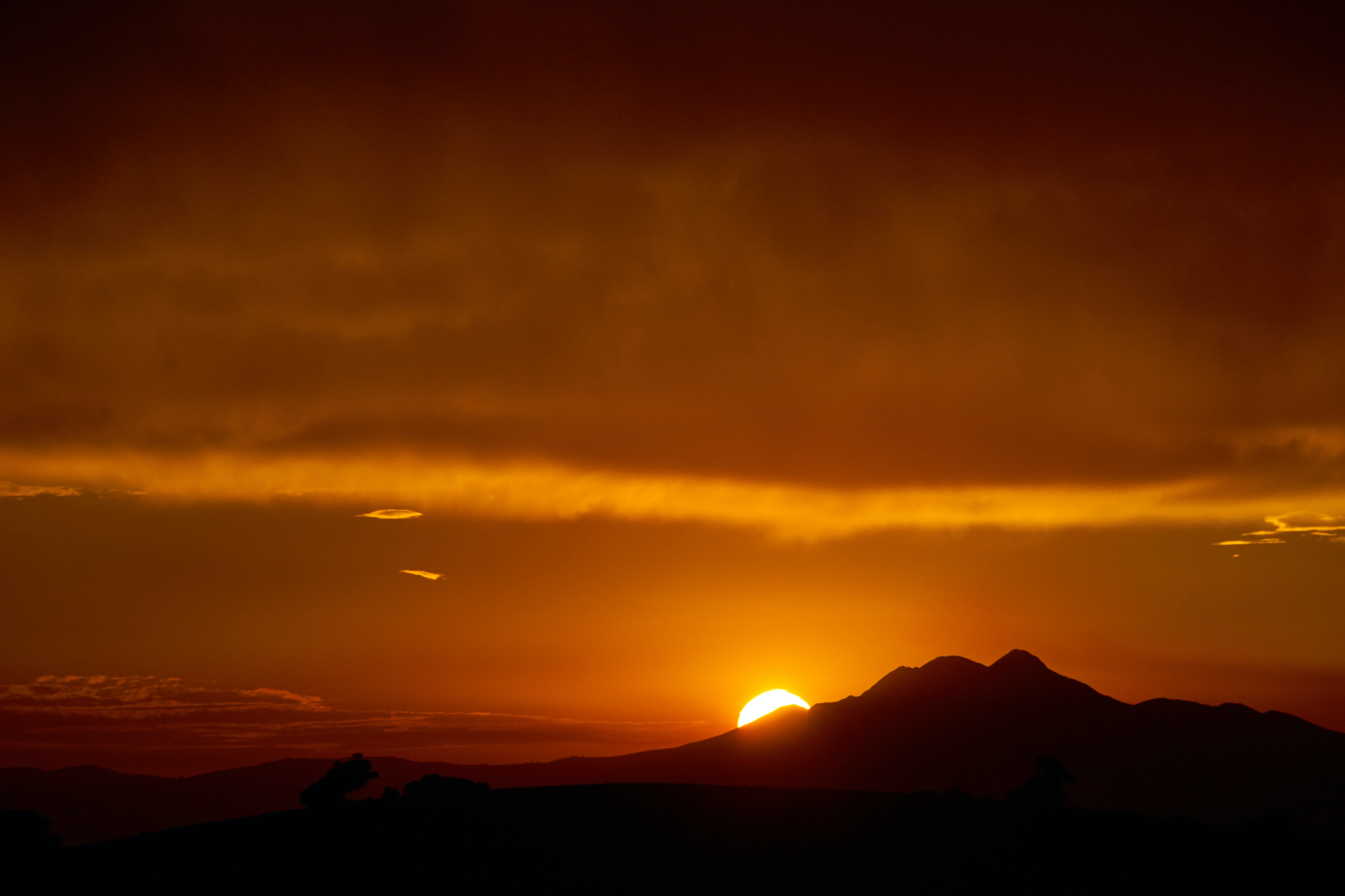 mountains, sunset, sun, dark, silhouettes HD wallpaper