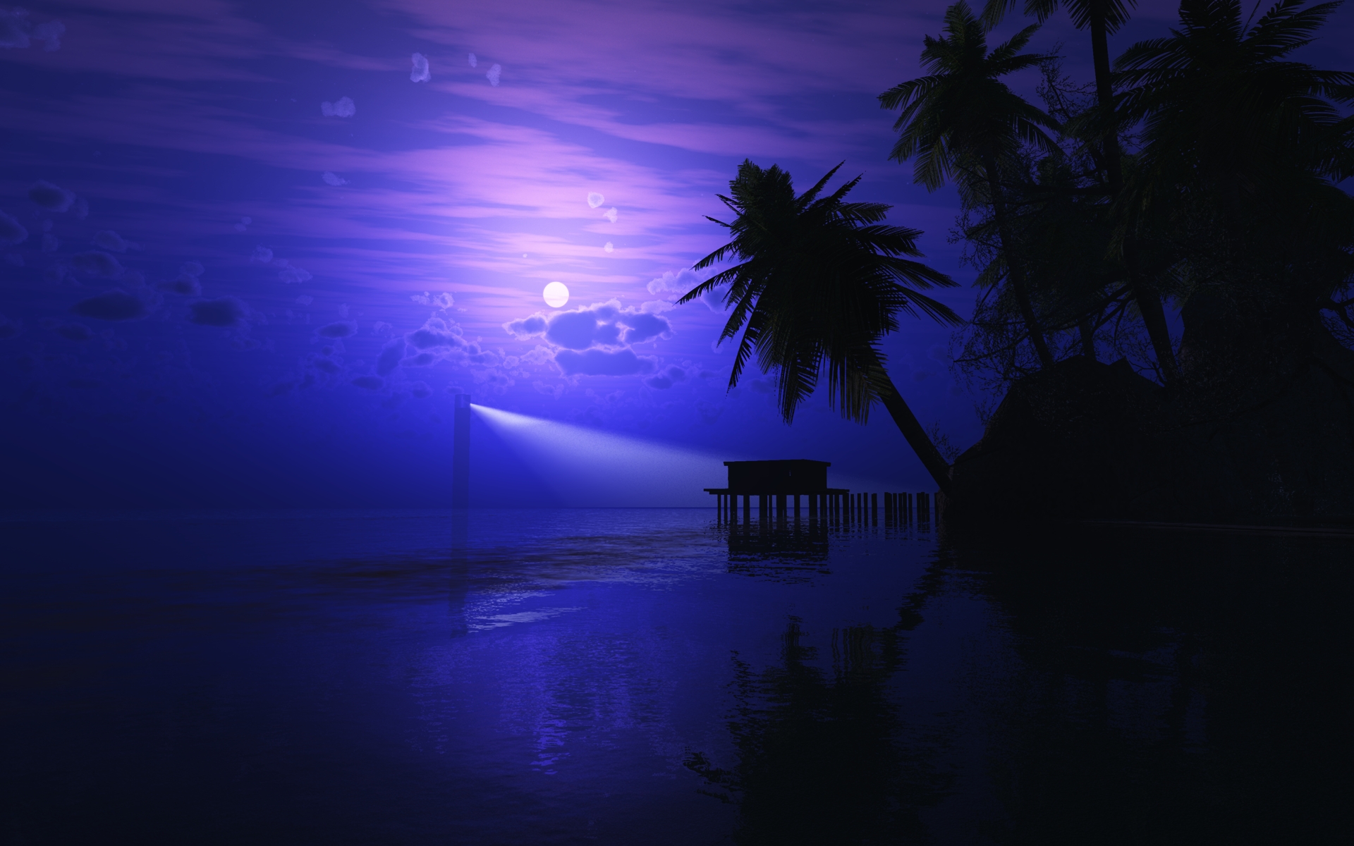 Ночной пляж с пальмами