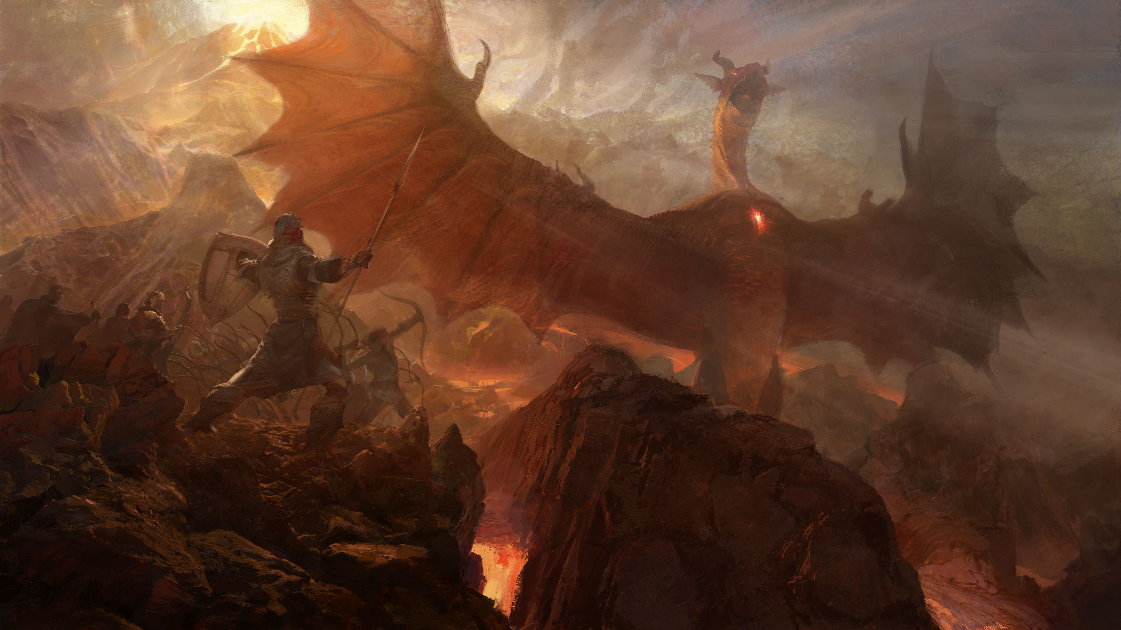 fantasy, dragon, lance, lava, shield, sunbeam, warrior HD wallpaper