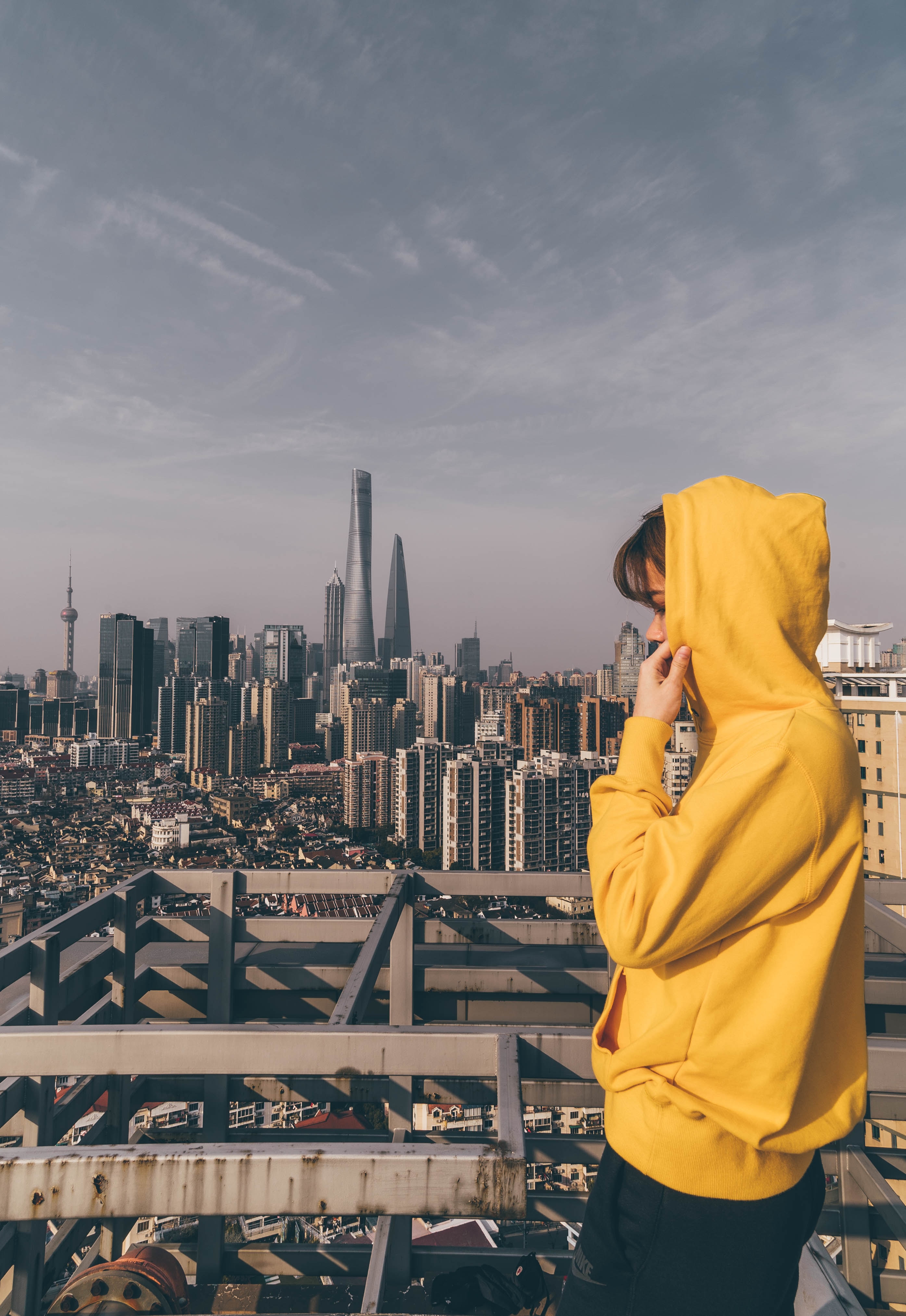 hoodies, yellow, city, building, miscellanea, miscellaneous, human, person, hoodie