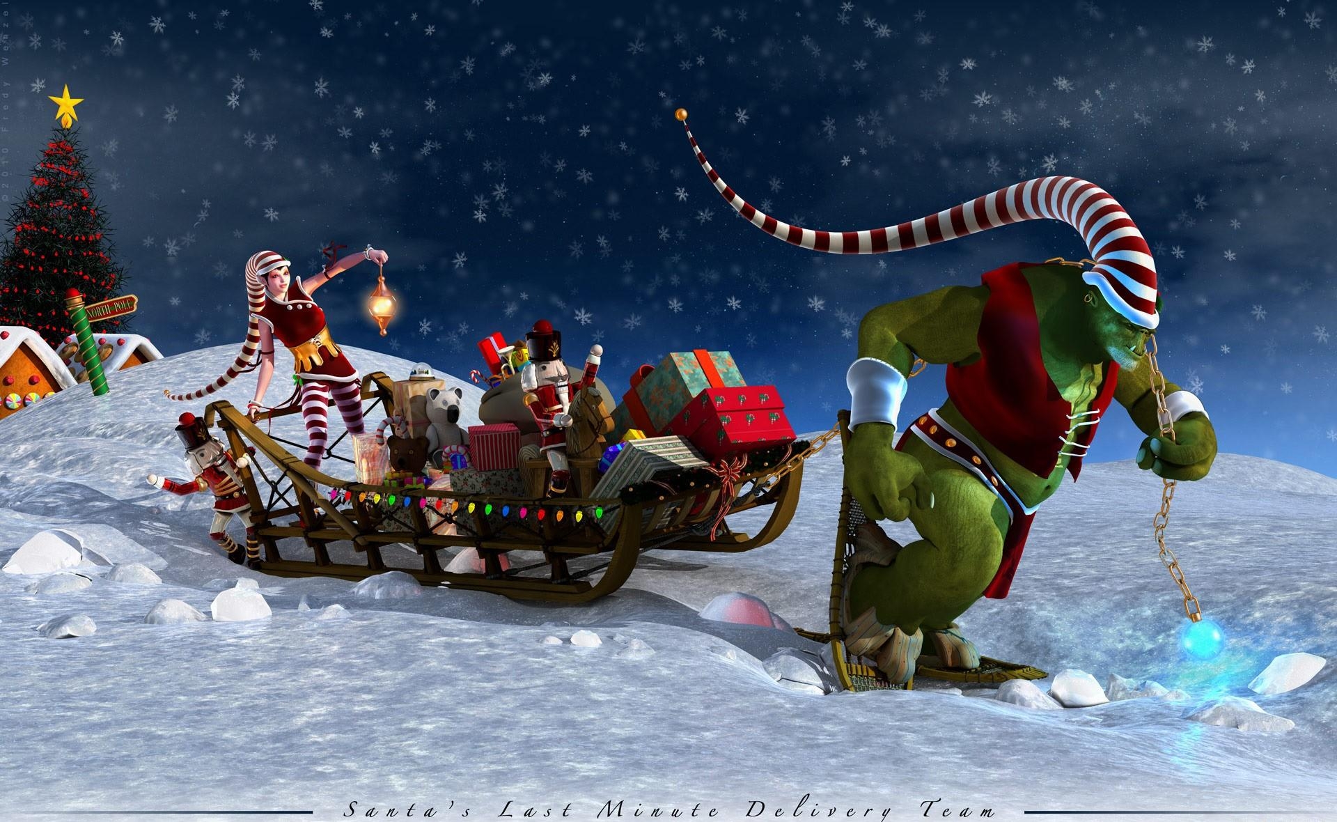 holidays, night, christmas, inscription, sleigh, sledge, presents, gifts, helpers, assistants wallpaper for mobile