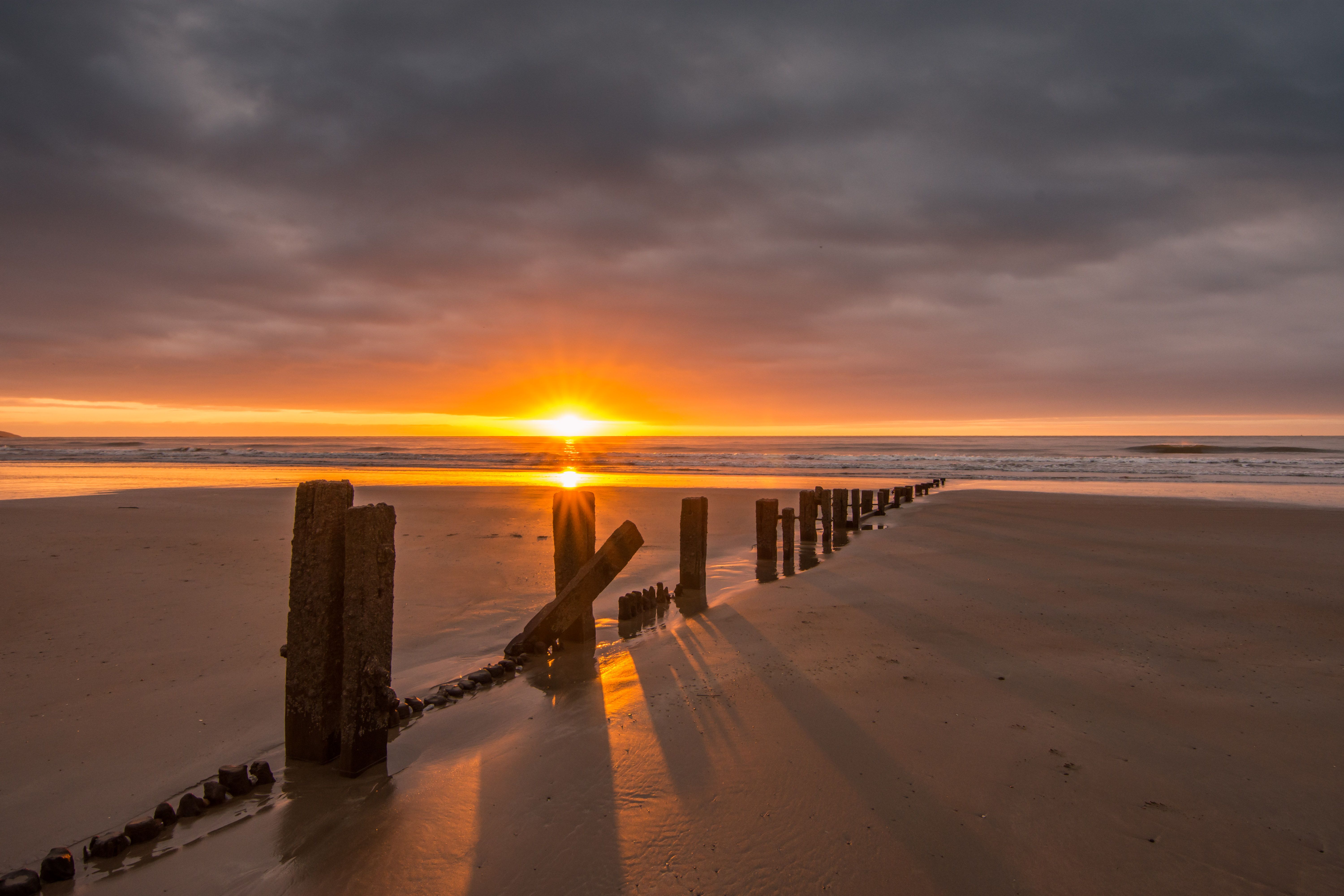 Free HD sunset, beach, nature, sea, sand, pillars, posts