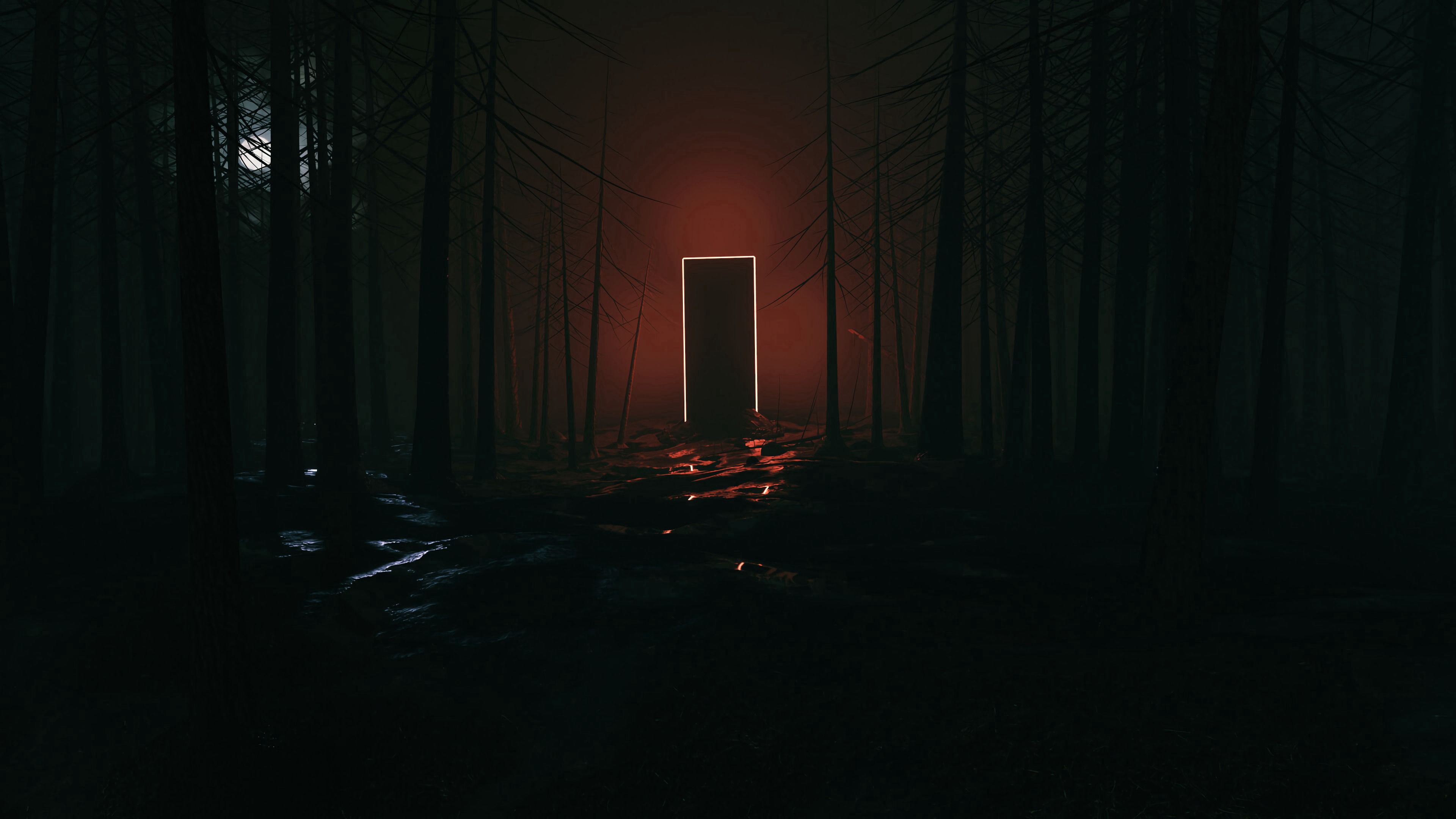 glow, door, art, dark, forest, portal