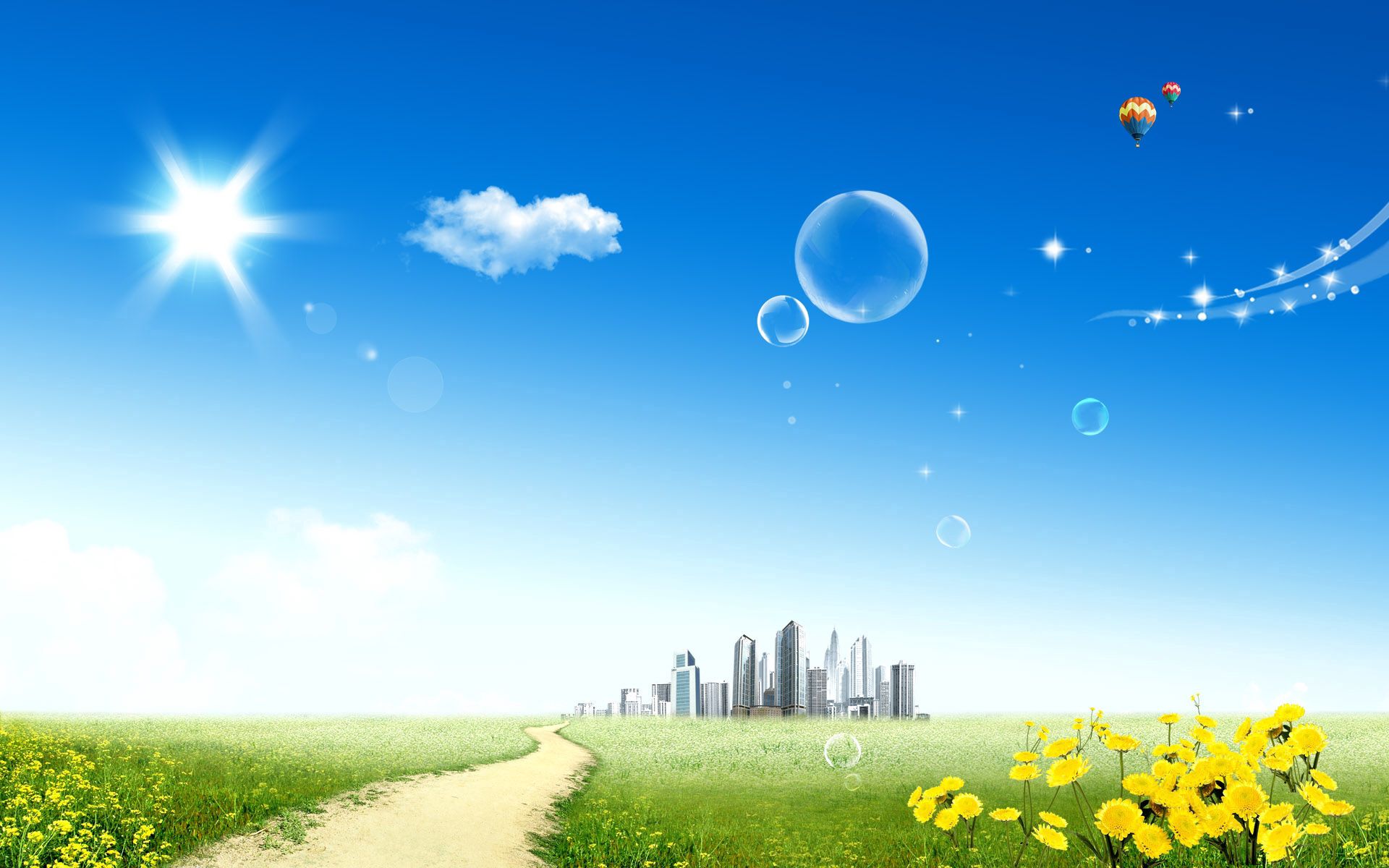 Free HD vector, dandelions, sky, sun, clouds, city, dahl, distance, bubble