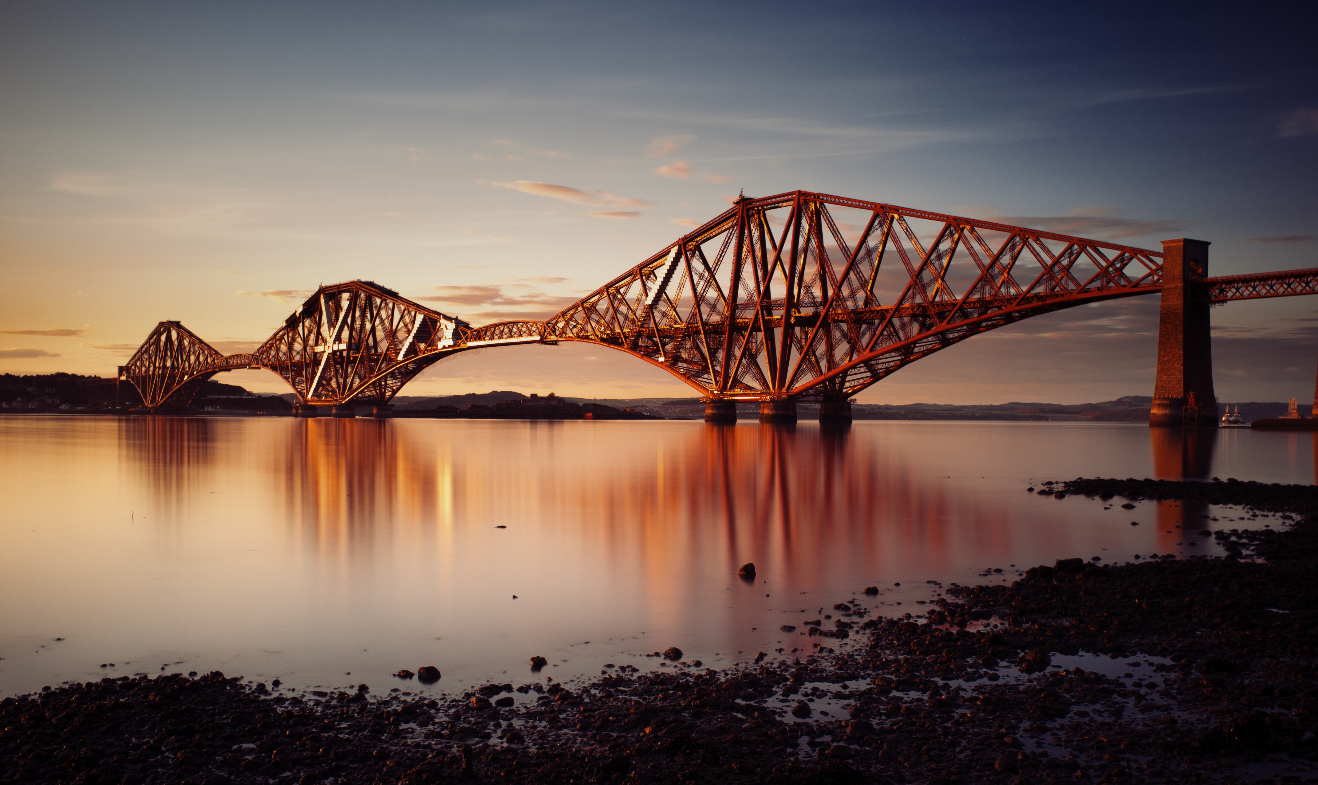 Laden Sie das Städte, Sunset, Mündung, Die Bucht, Eisenbahnbrücke, Festungsbrücke, Forth Bridge, Schottland-Bild kostenlos auf Ihren PC-Desktop herunter