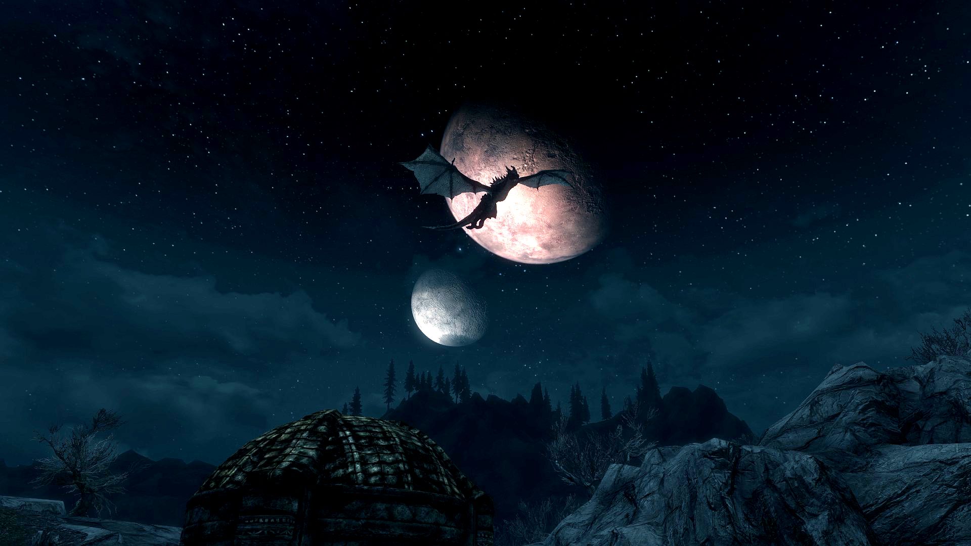 Игры под луной. Луны the Elder Scrolls. 2 Луны в the Elders Scrolls. Ночные пейзажи Скайрима. Луна фэнтези.