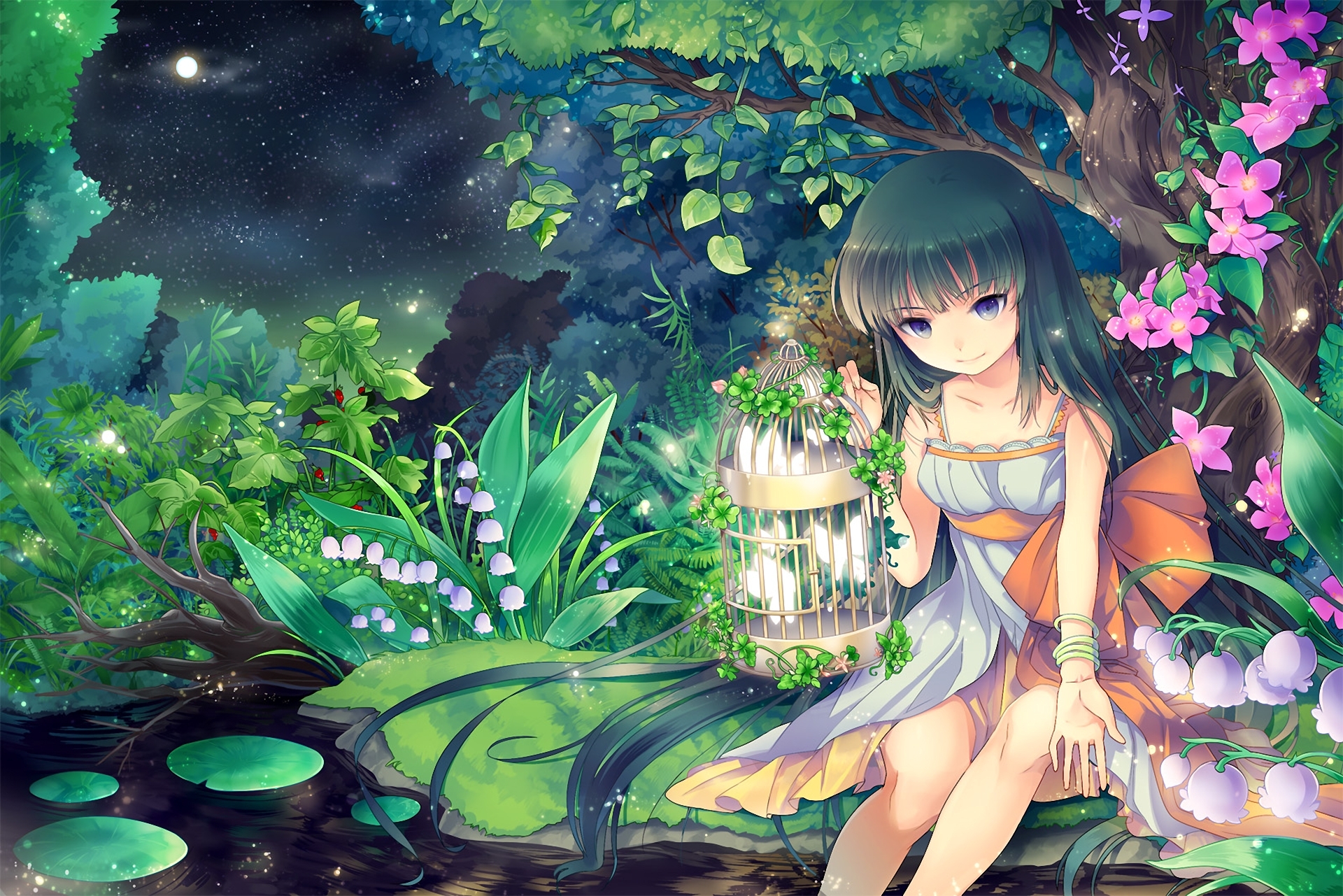 girl, anime, birdcage, flower, moon, night, pond, purple eyes, spring, tree