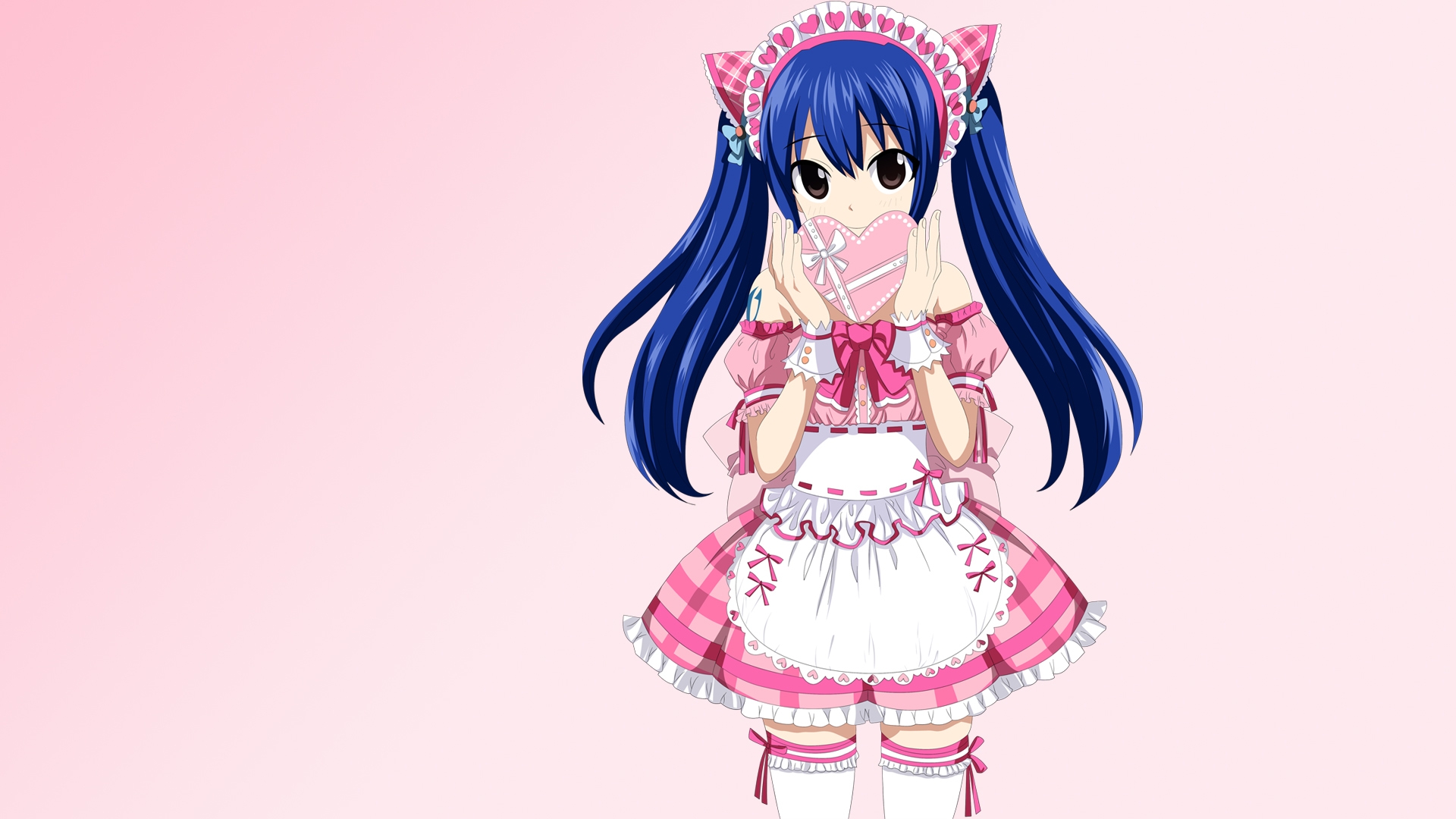 anime, fairy tail, blue hair, brown eyes, dress, headdress, pink dress, thigh highs, twintails, wendy marvell