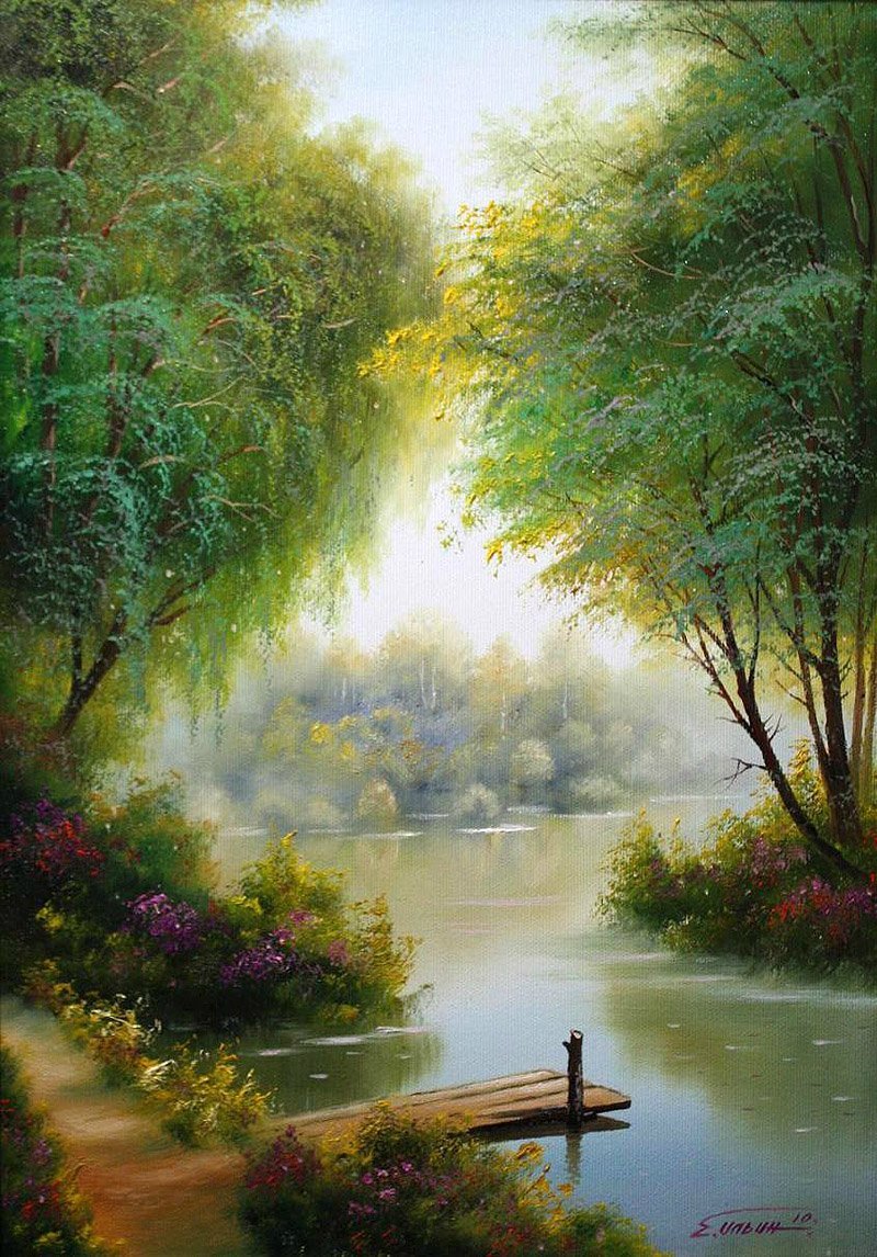 pictures, art, landscape, flowers, rivers, trees phone background