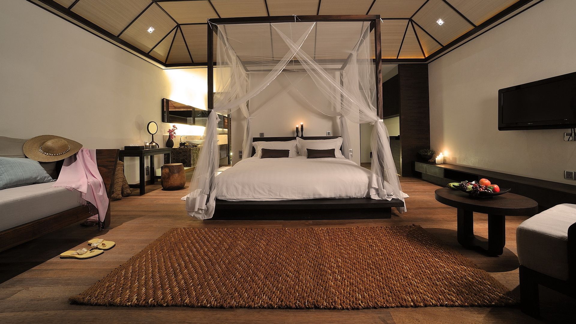 bedroom, fruits, interior, miscellanea, miscellaneous, design, table, room, bed, hat, cushions, pillows, carpet, slates, sleeping 5K