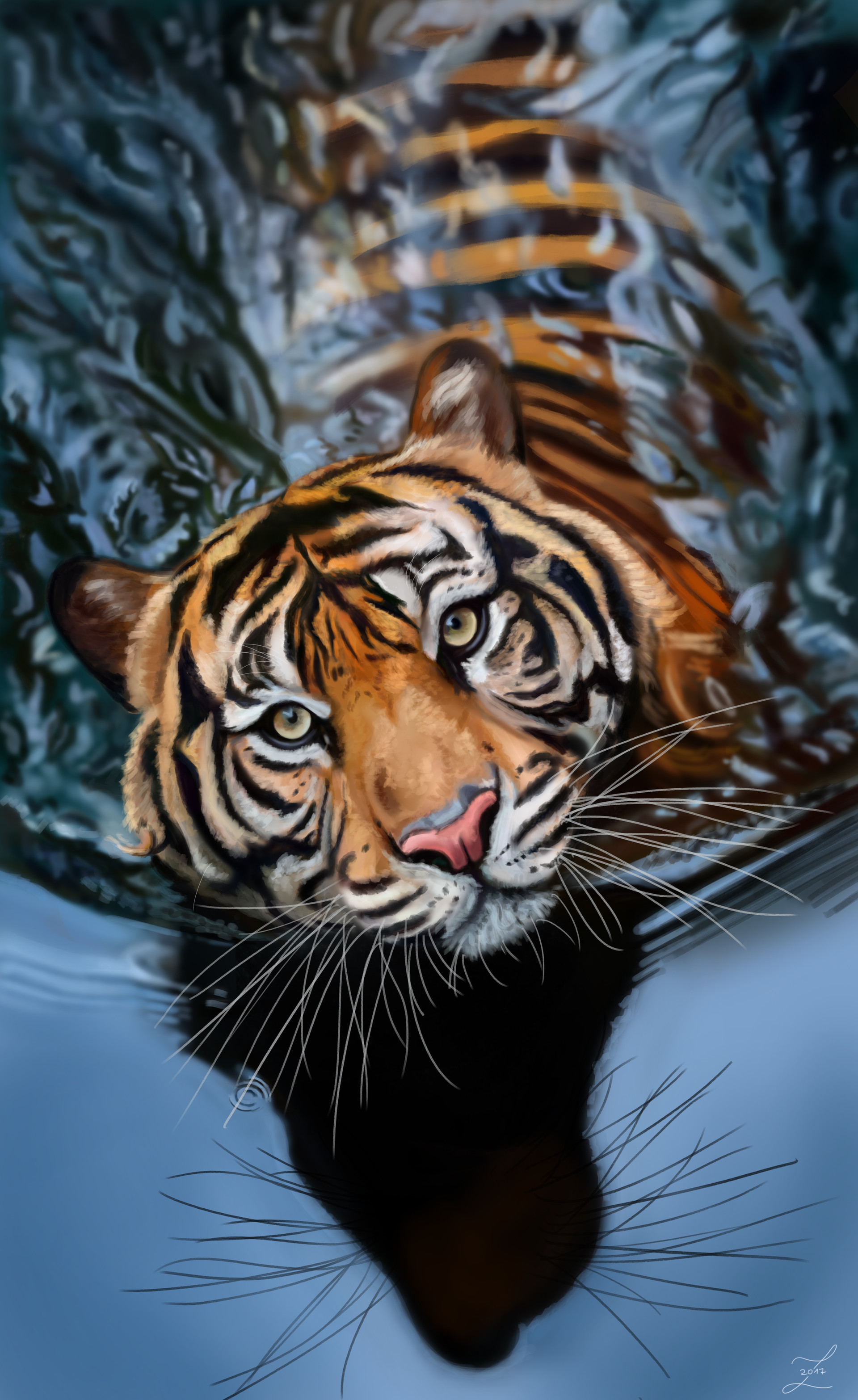 92902 скачать обои большая кошка, полосатый, вода, арт, хищник, тигр - заставки и картинки бесплатно