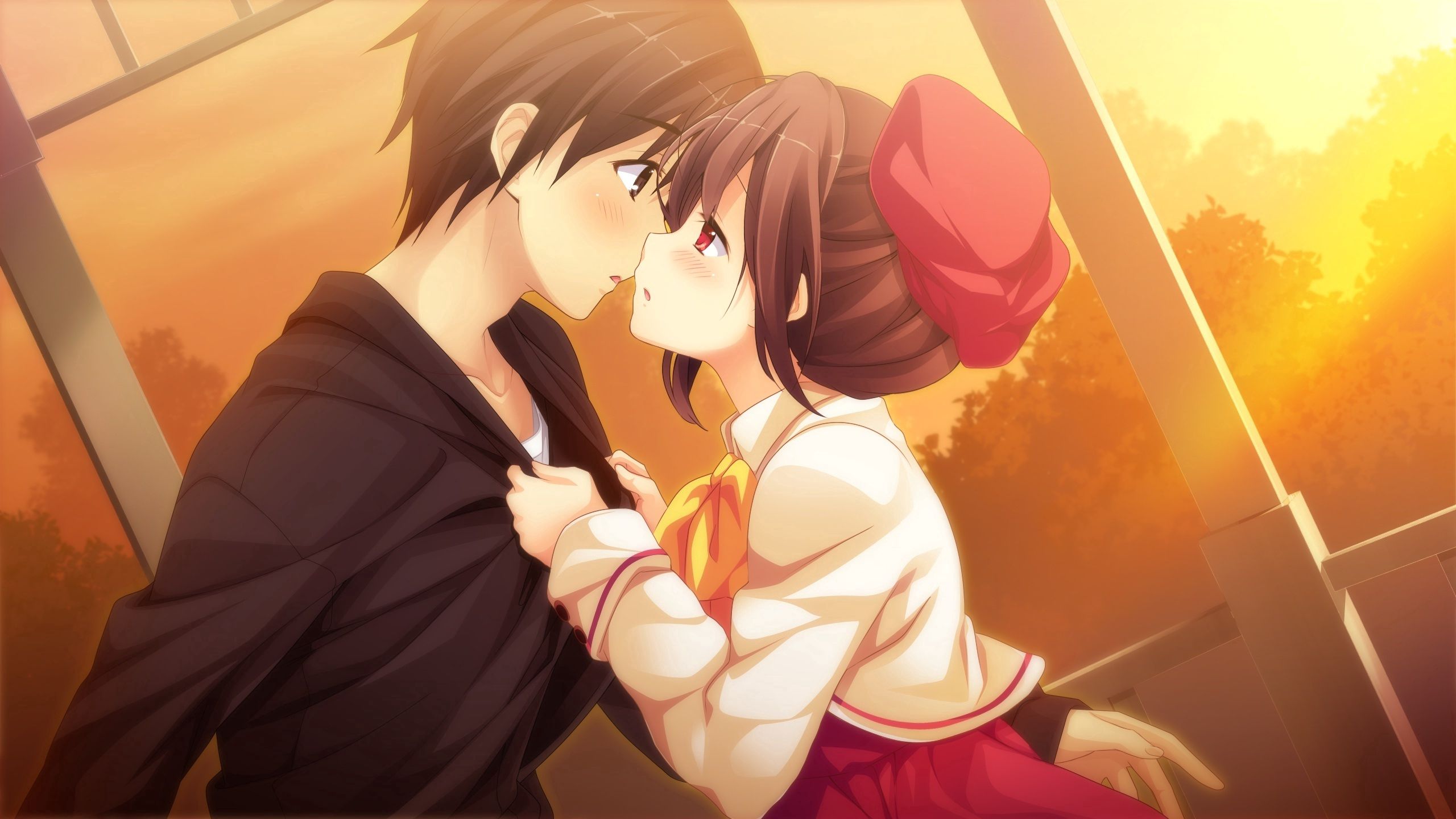 girl, kiss, couple, art, pair, guy, anime, sunset HD wallpaper