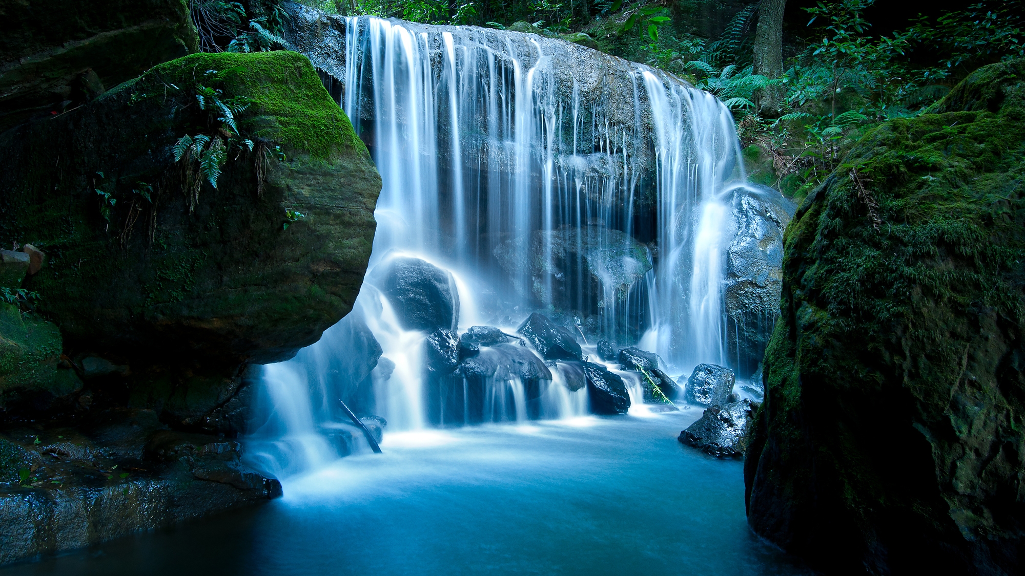 nature, stones, waterfall, evening, moss HD for desktop 1080p