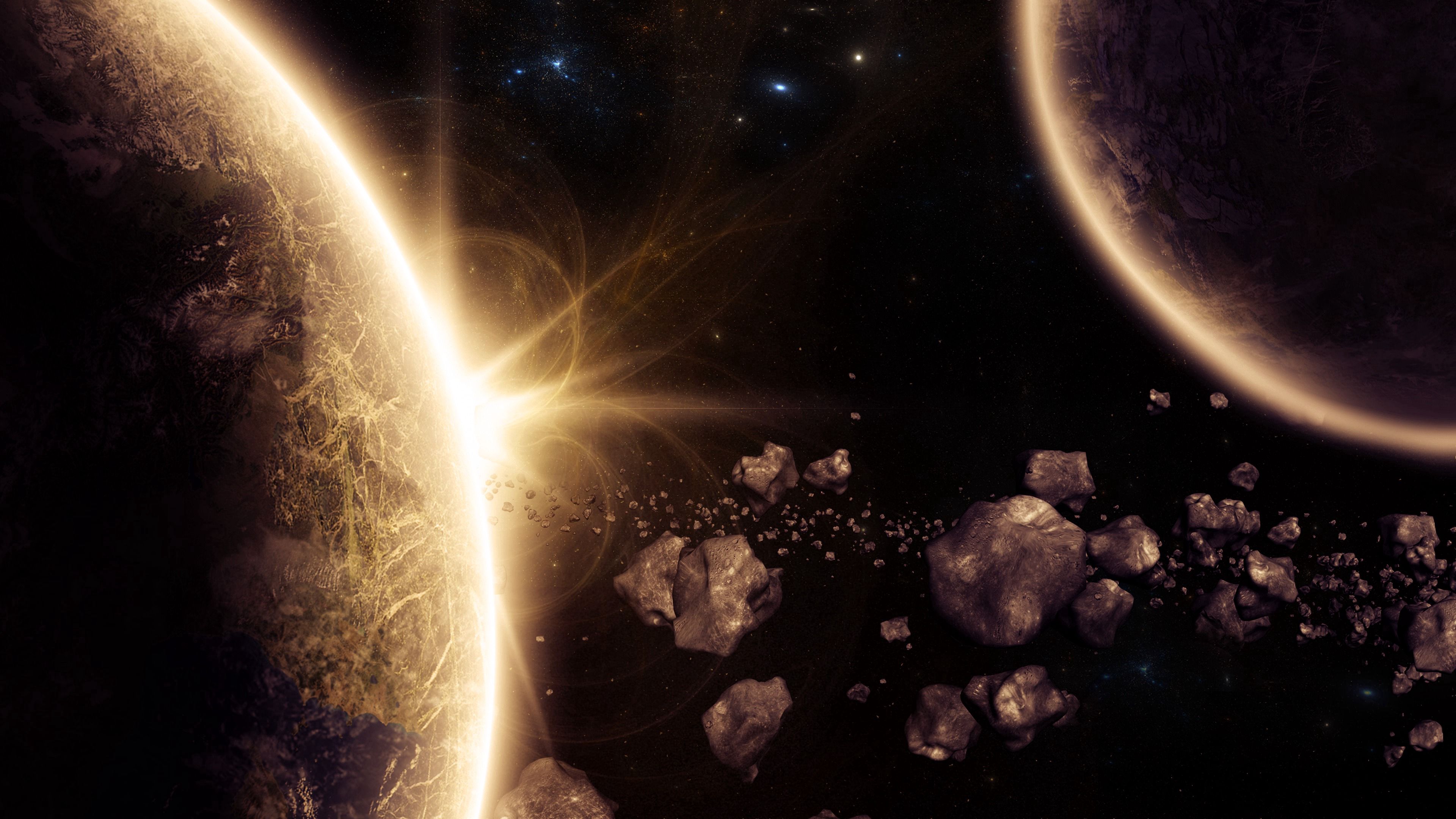 Download mobile wallpaper Planet, Asteroids, Glow, Universe, 3D for free.