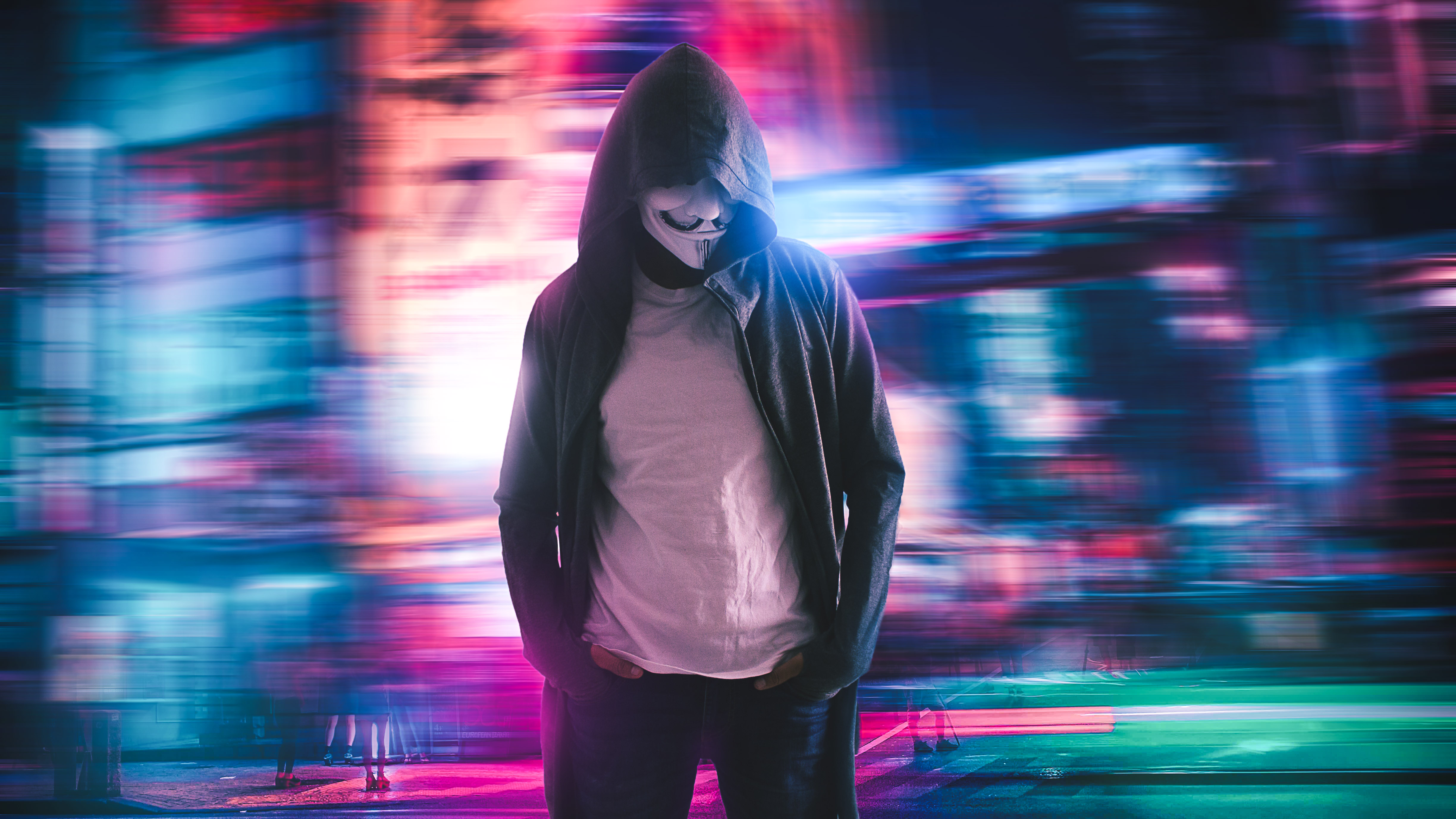 Download mobile wallpaper Miscellaneous, Long Exposure, Miscellanea, Smooth, Blur, Hood, Mask, Neon, Anonymous for free.