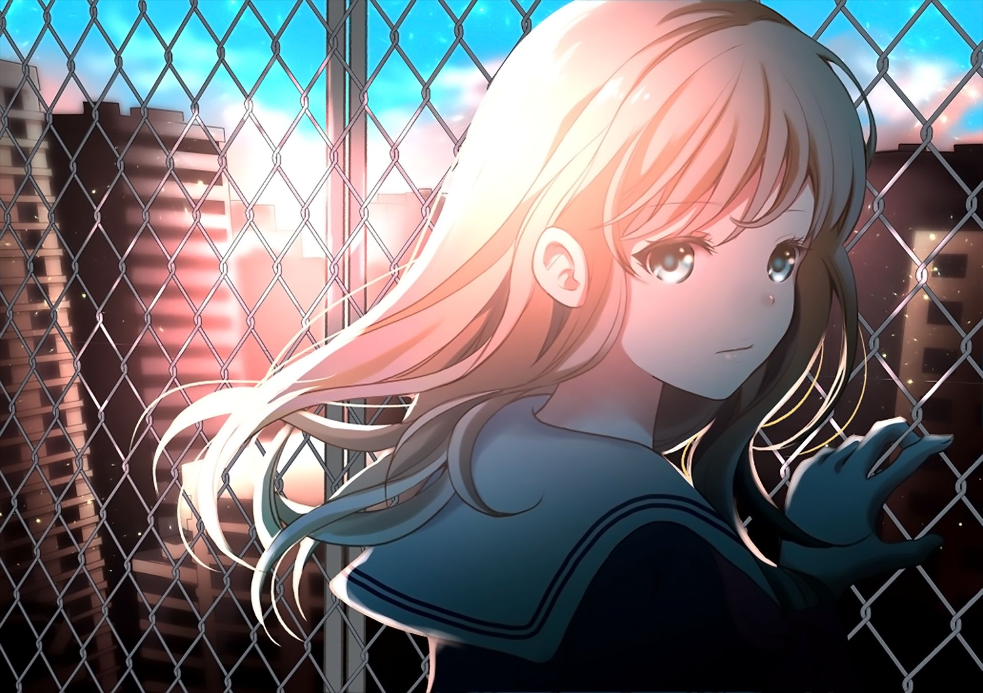 anime, original, blue eyes, fence, school uniform, schoolgirl
