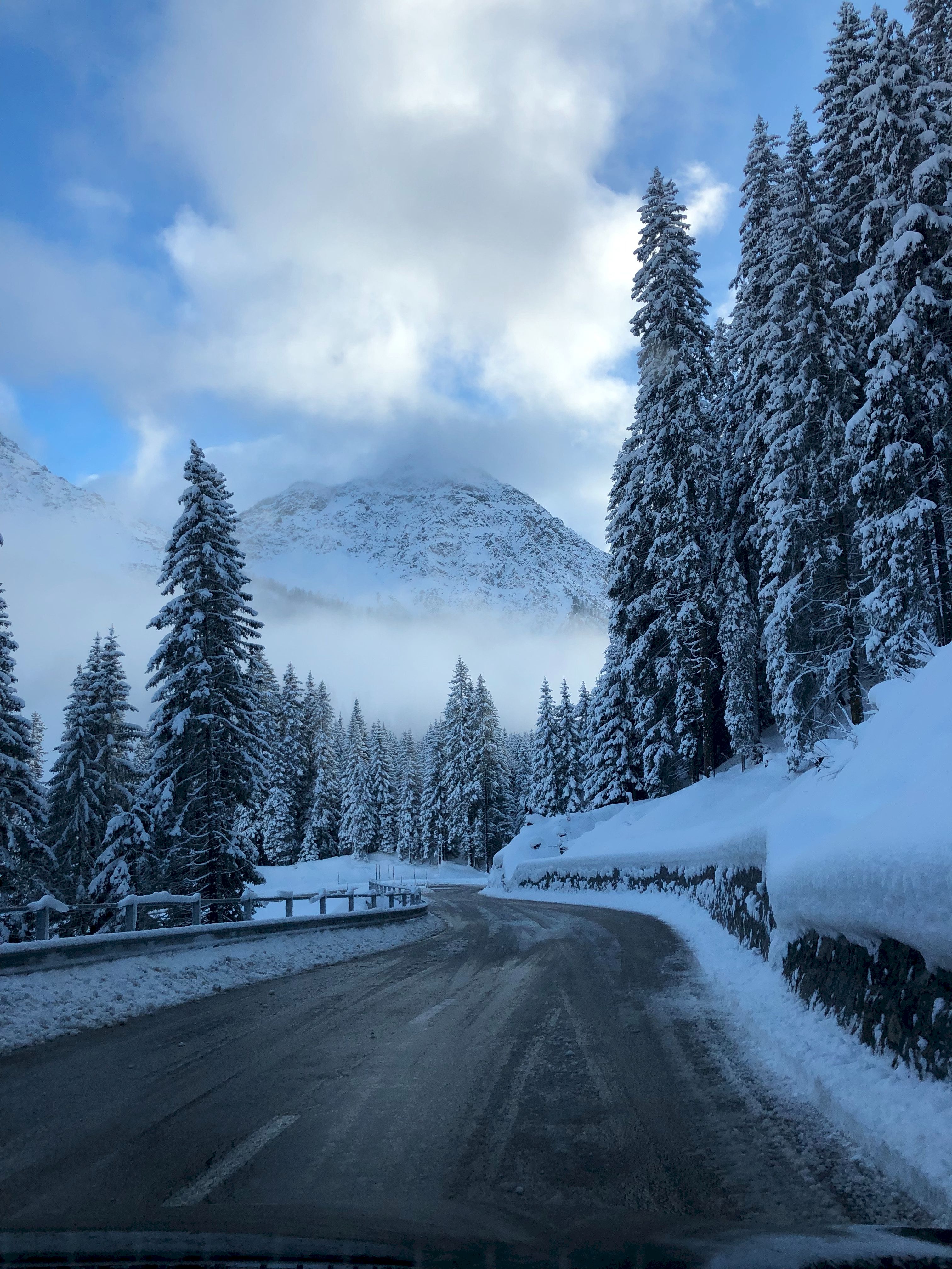 snow, mountains, road, winter, nature, trees, turn