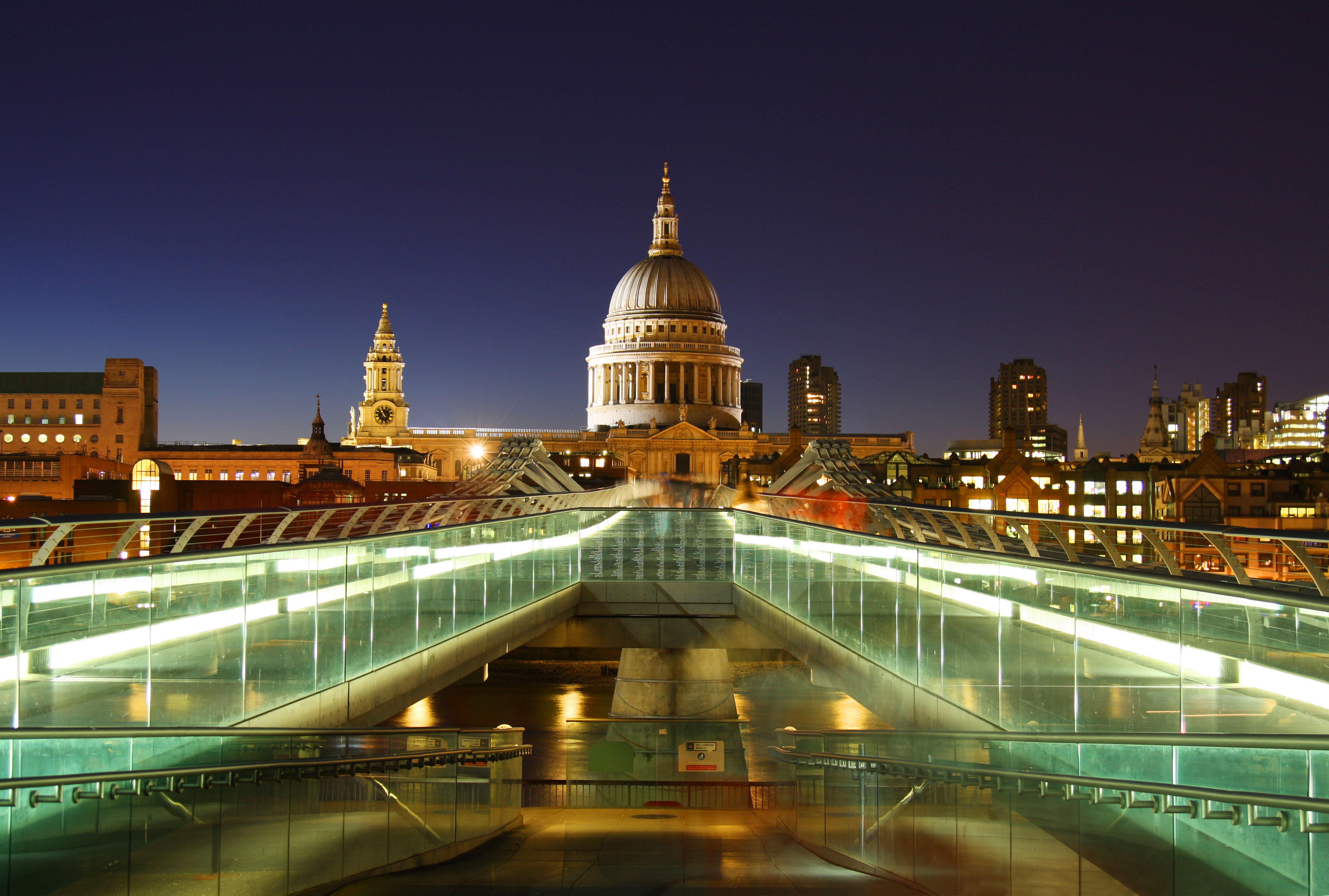 religious, st paul's cathedral, building, cathedral, light, london, millennium bridge, monument, night, united kingdom, cathedrals