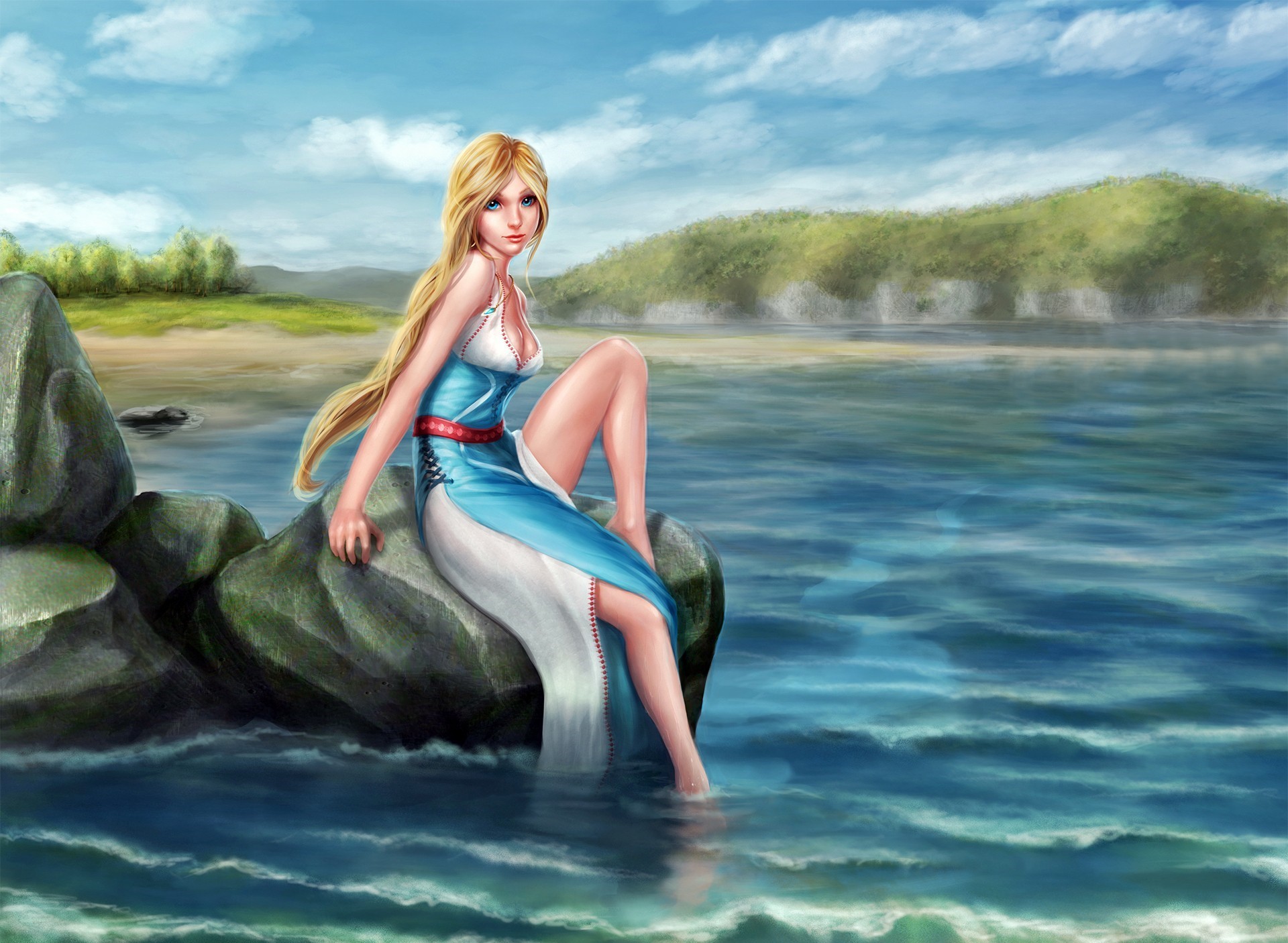 Девушка сидит на Камне у воды