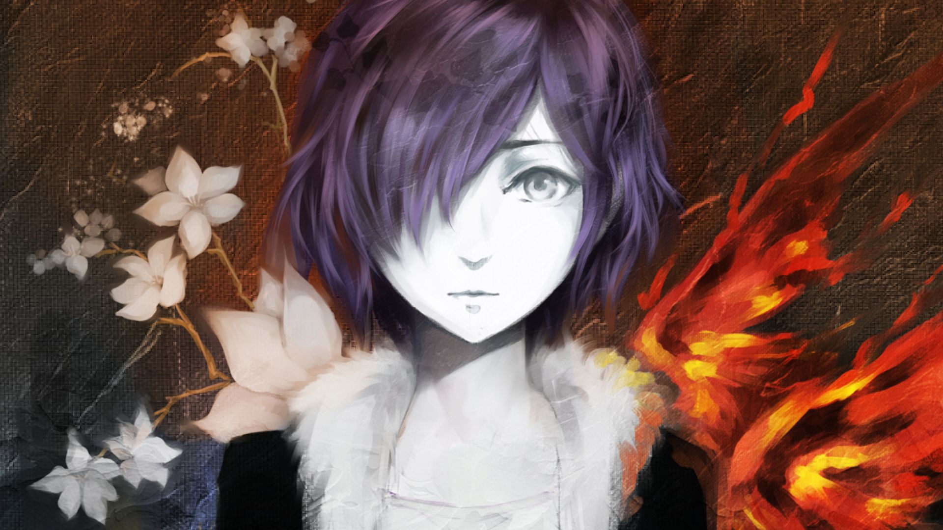 flower, tokyo ghoul, anime, grey eyes, kagune (tokyo ghoul), purple hair, short hair, touka kirishima