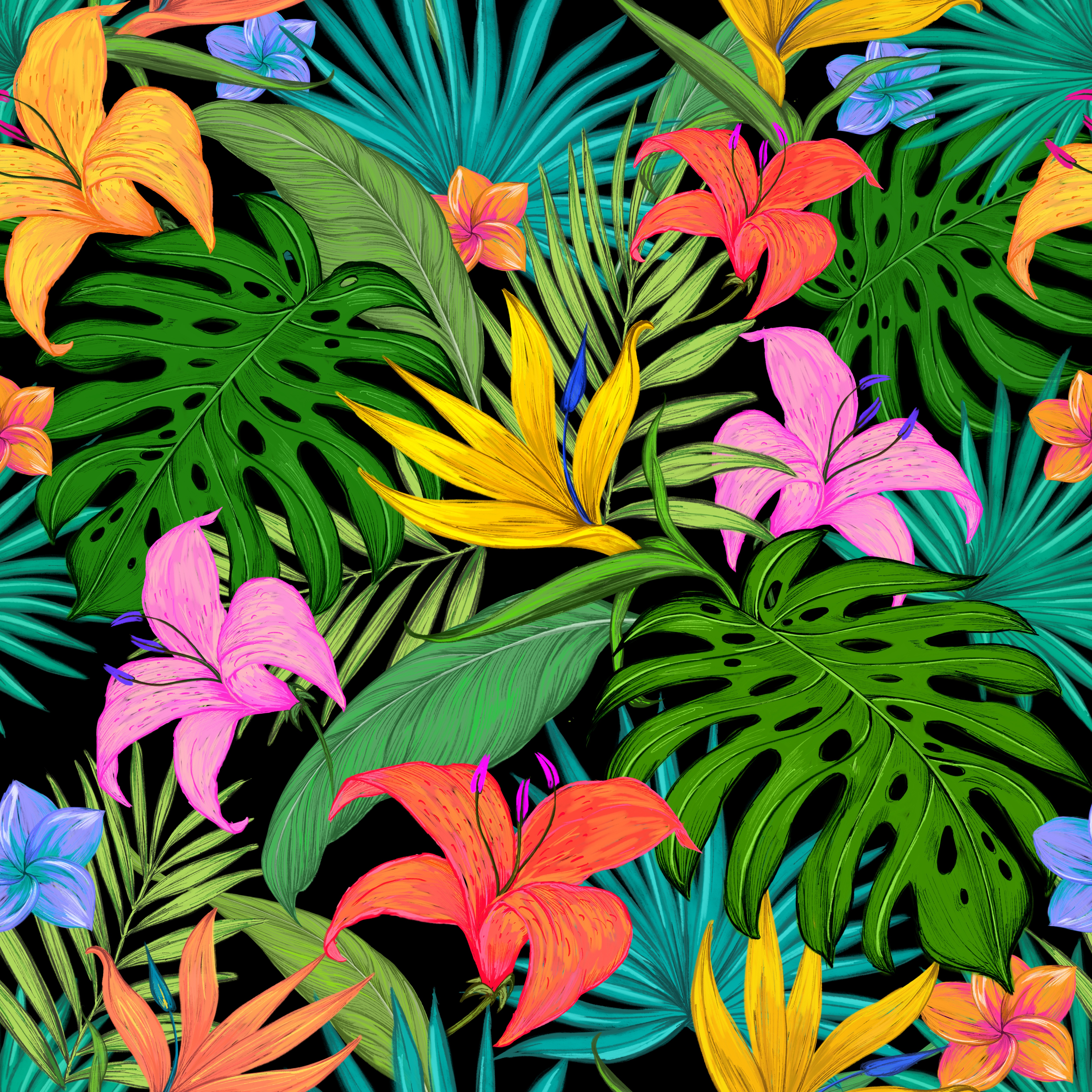 67335 Hintergrundbild herunterladen tropisch, lilien, textur, farbe, blumen, blätter, palms, muster, texturen, tropischen, farbige - Bildschirmschoner und Bilder kostenlos