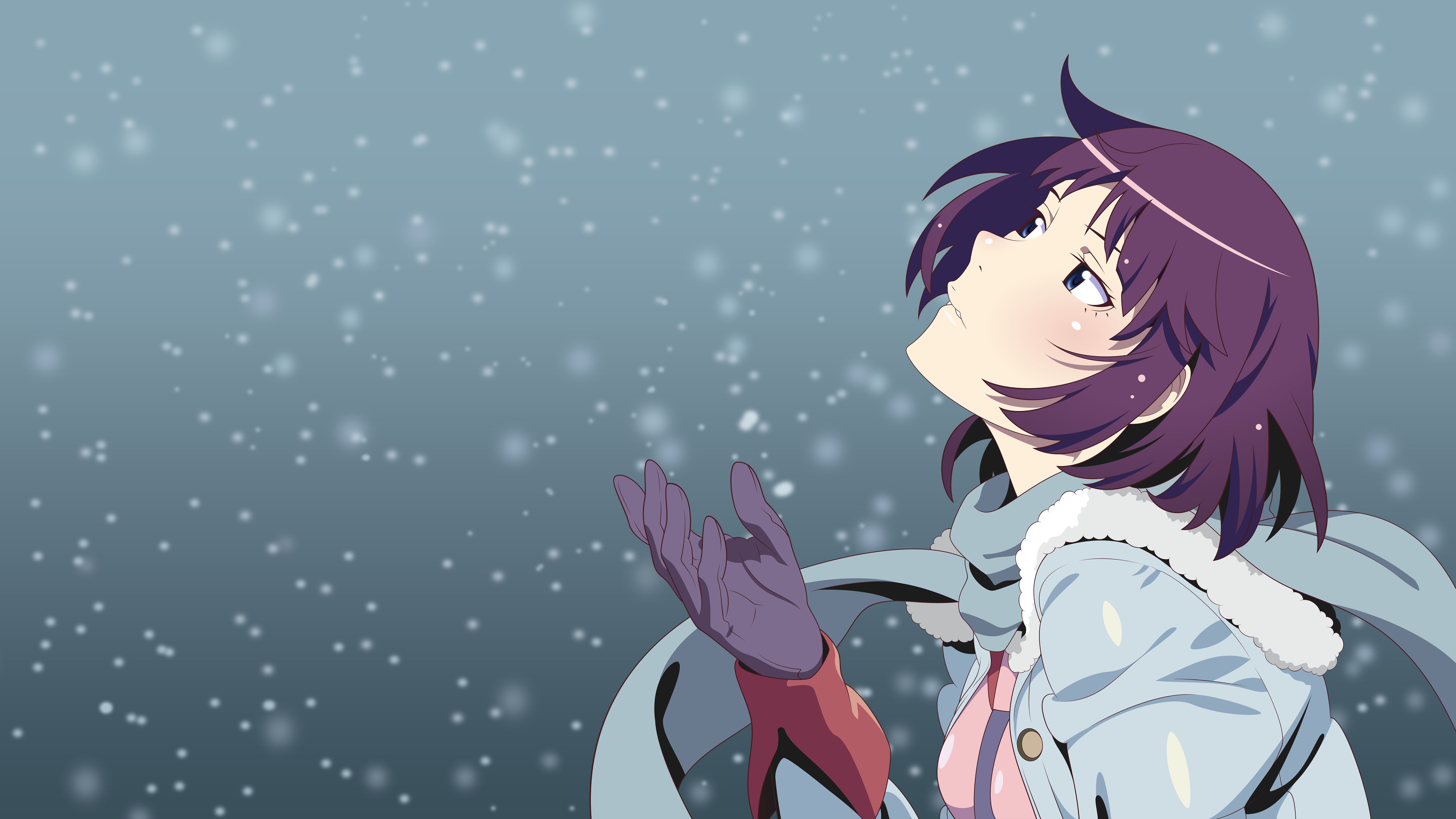 monogatari (series), anime, bakemonogatari, hitagi senjōgahara, purple hair, snowfall