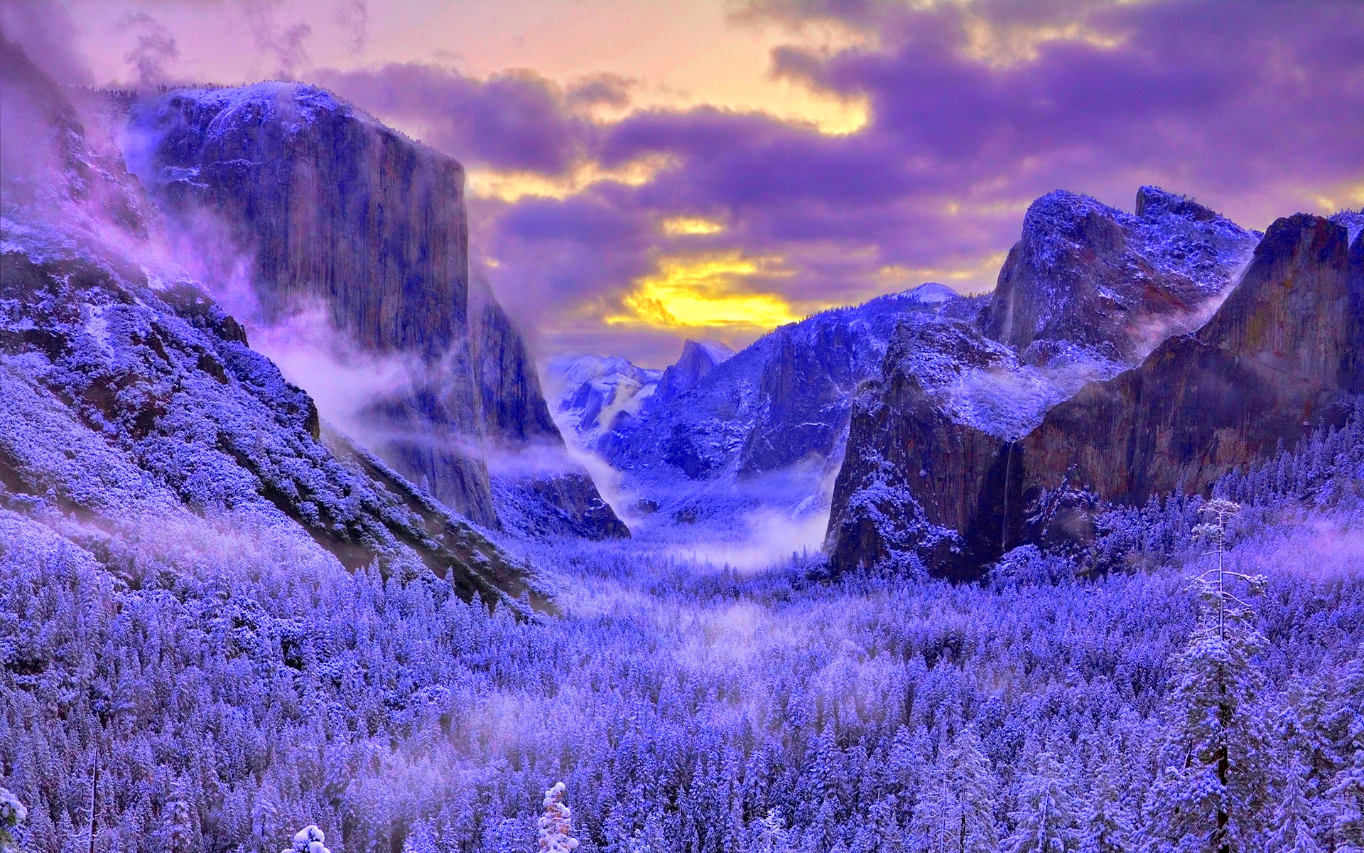 390952 Hintergrundbild herunterladen winter, erde/natur, yosemite nationalpark, nebel, landschaft, gebirge, schnee, sonnenuntergang, nationalpark - Bildschirmschoner und Bilder kostenlos