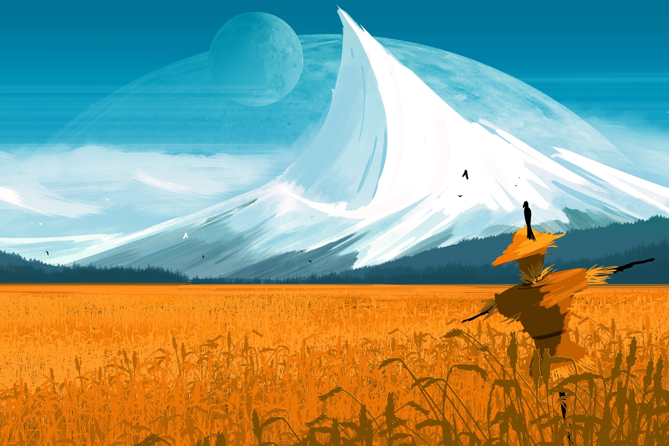 Lock Screen PC Wallpaper sci fi, landscape, peak, scarecrow, field, planet, mountain