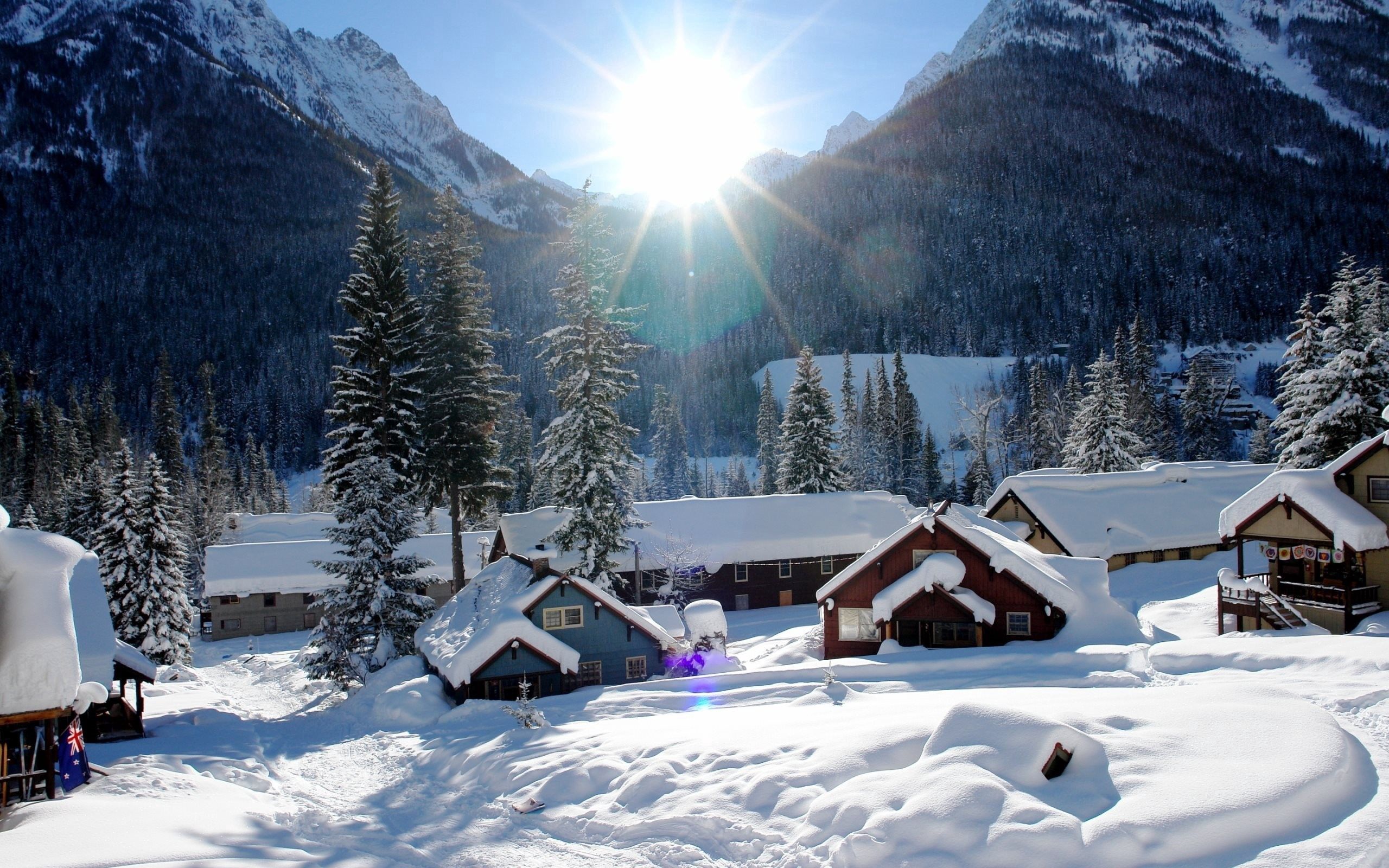 Download mobile wallpaper Winter, Handsomely, It's Beautiful, Snow, Mountains, Nature, Houses for free.