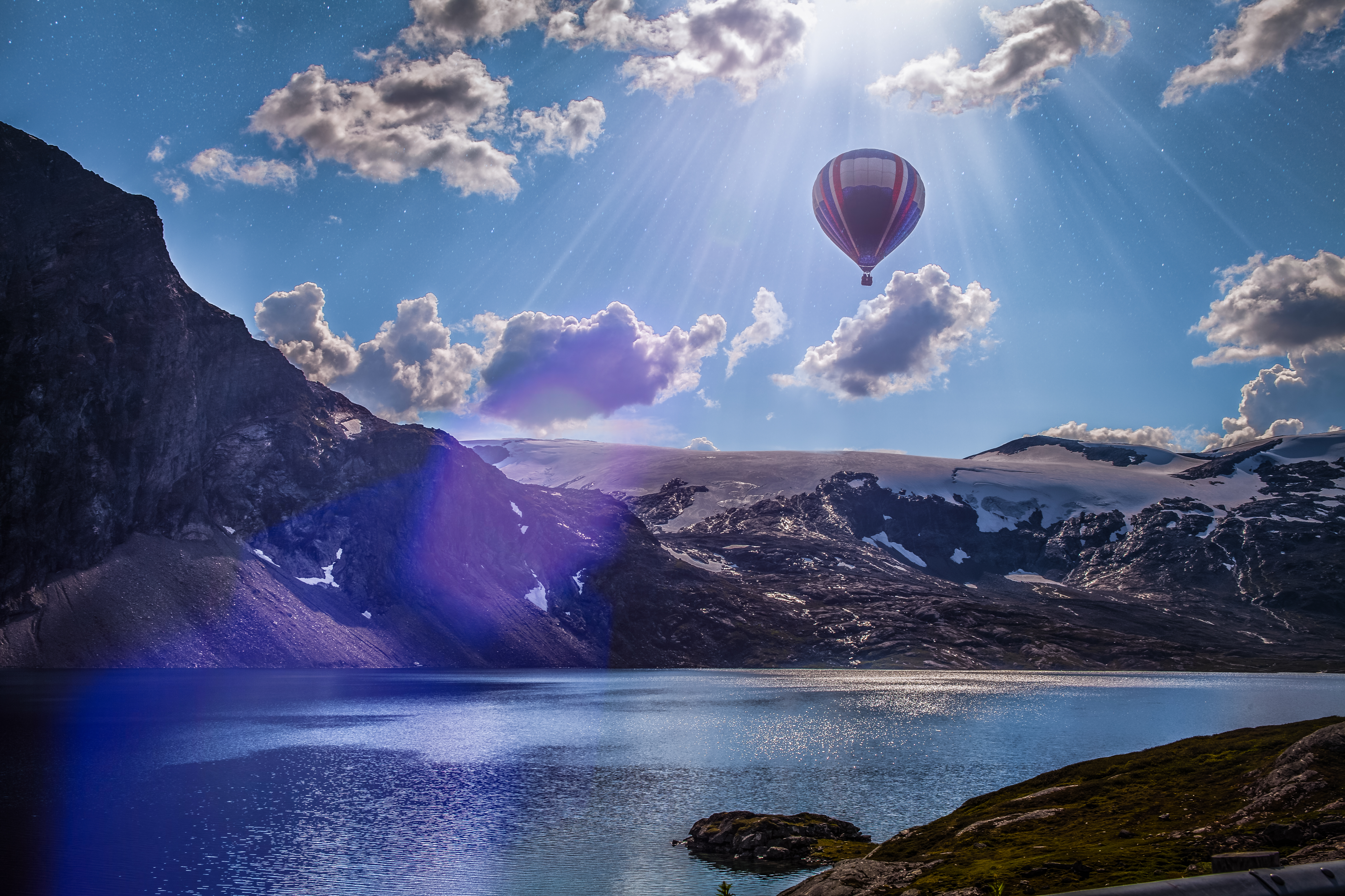 Download mobile wallpaper Norway, Cloud, Scandinavia, Sunbeam, Vehicles, Hot Air Balloon, Sunshine for free.