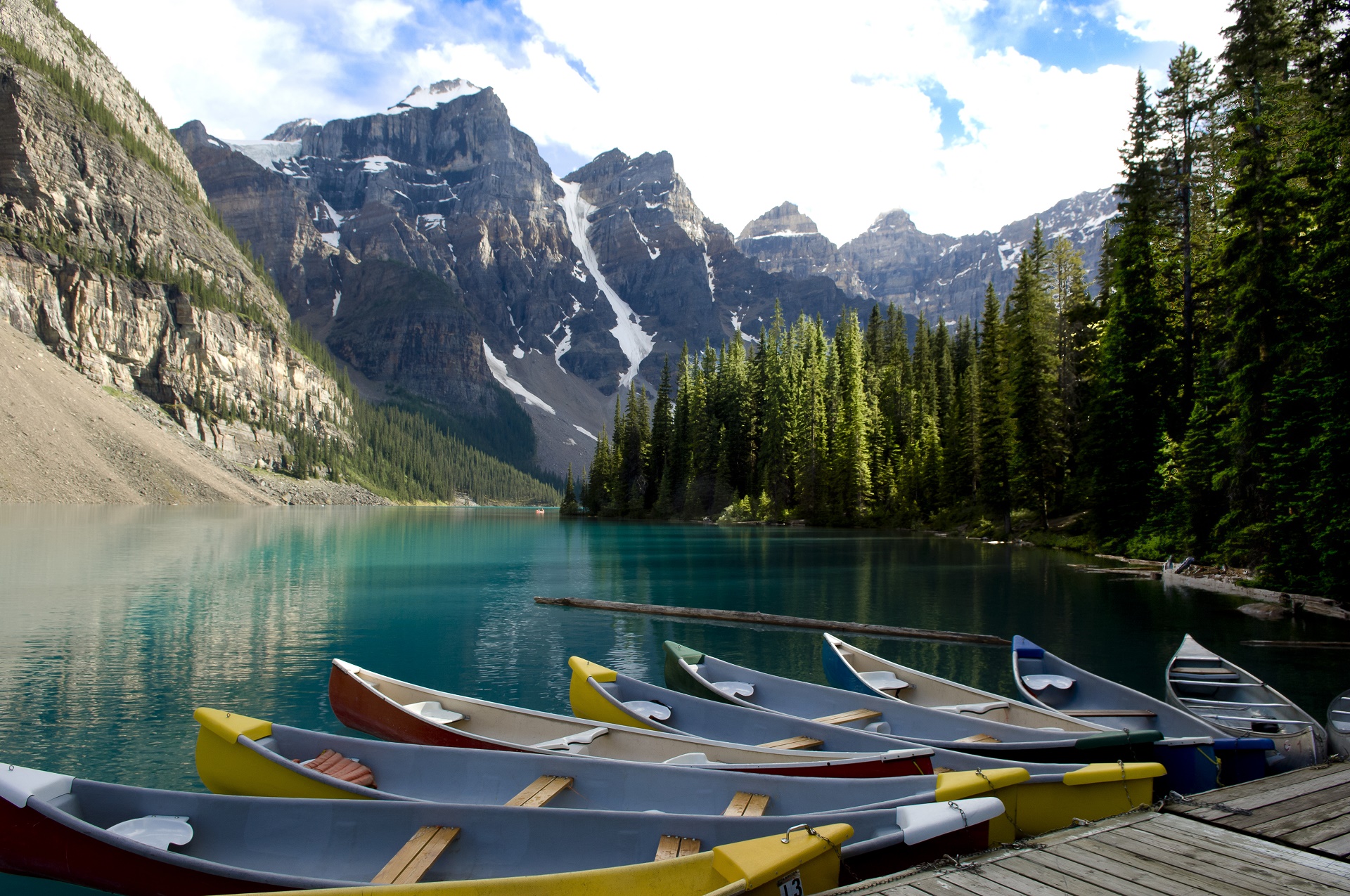earth, moraine lake, boat, canoe, mountain, lakes 4K