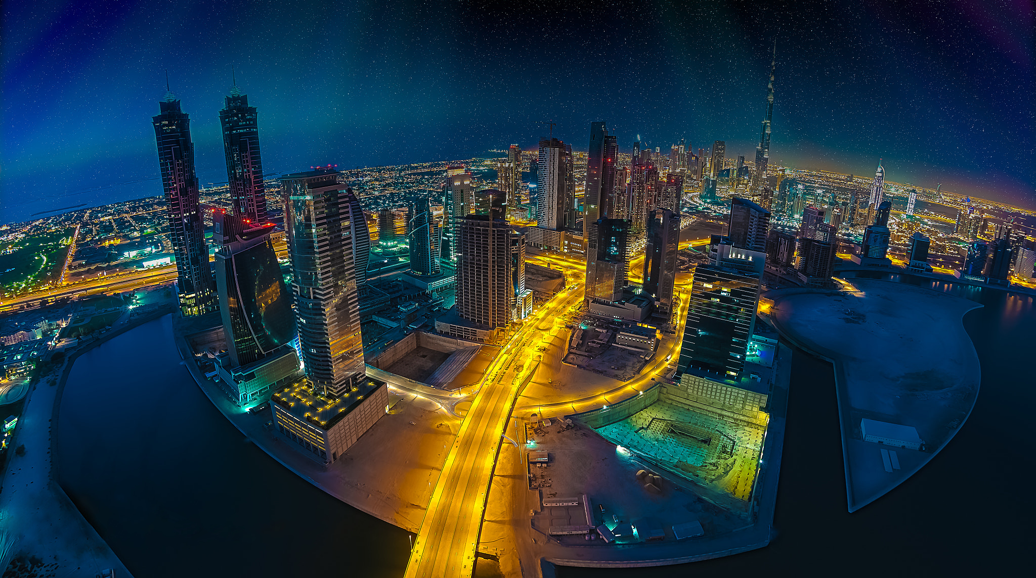 425077 descargar fondo de pantalla hecho por el hombre, dubái, fotografía aérea, ciudad, paisaje urbano, ojo de pez, luz, noche, emiratos árabes unidos, ciudades: protectores de pantalla e imágenes gratis
