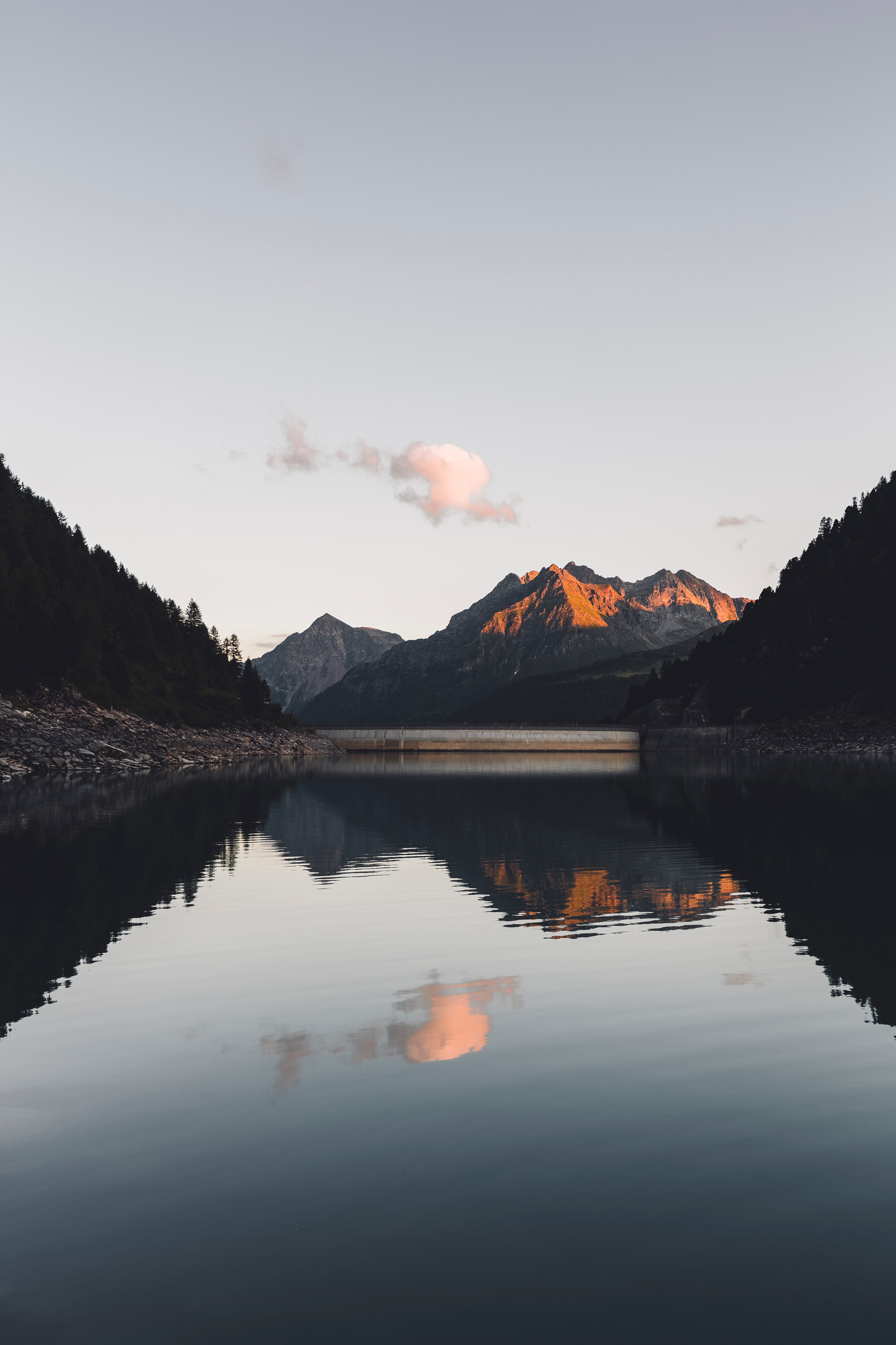 reflection, trees, mountains, landscape, nature, lake phone background